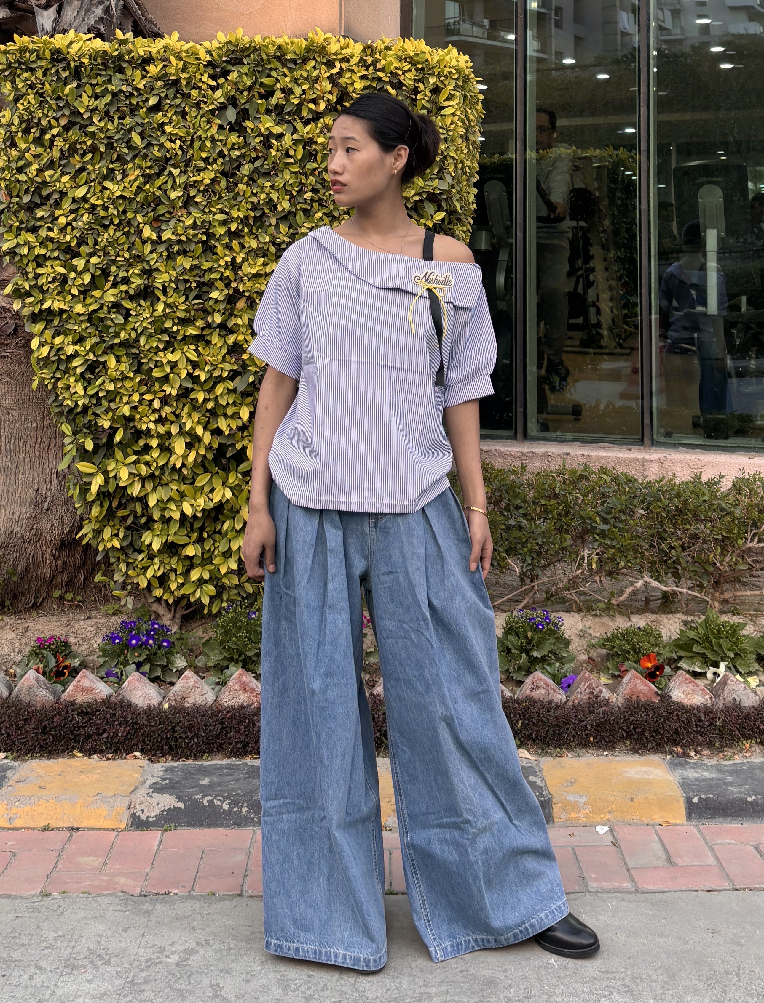 C-Drama Inspired Starlight Chic Top - Asymmetrical Stripes with Ribbon Strap Detail - BASIC