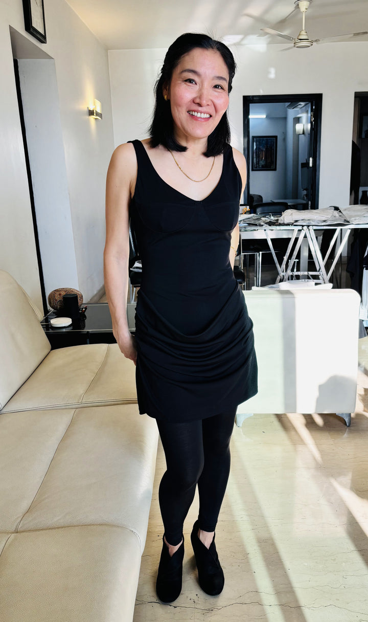 Paris Fashion Week-Inspired Runway Elegance - Sculpted Black Front-Pleated Mini Dress – BASIC