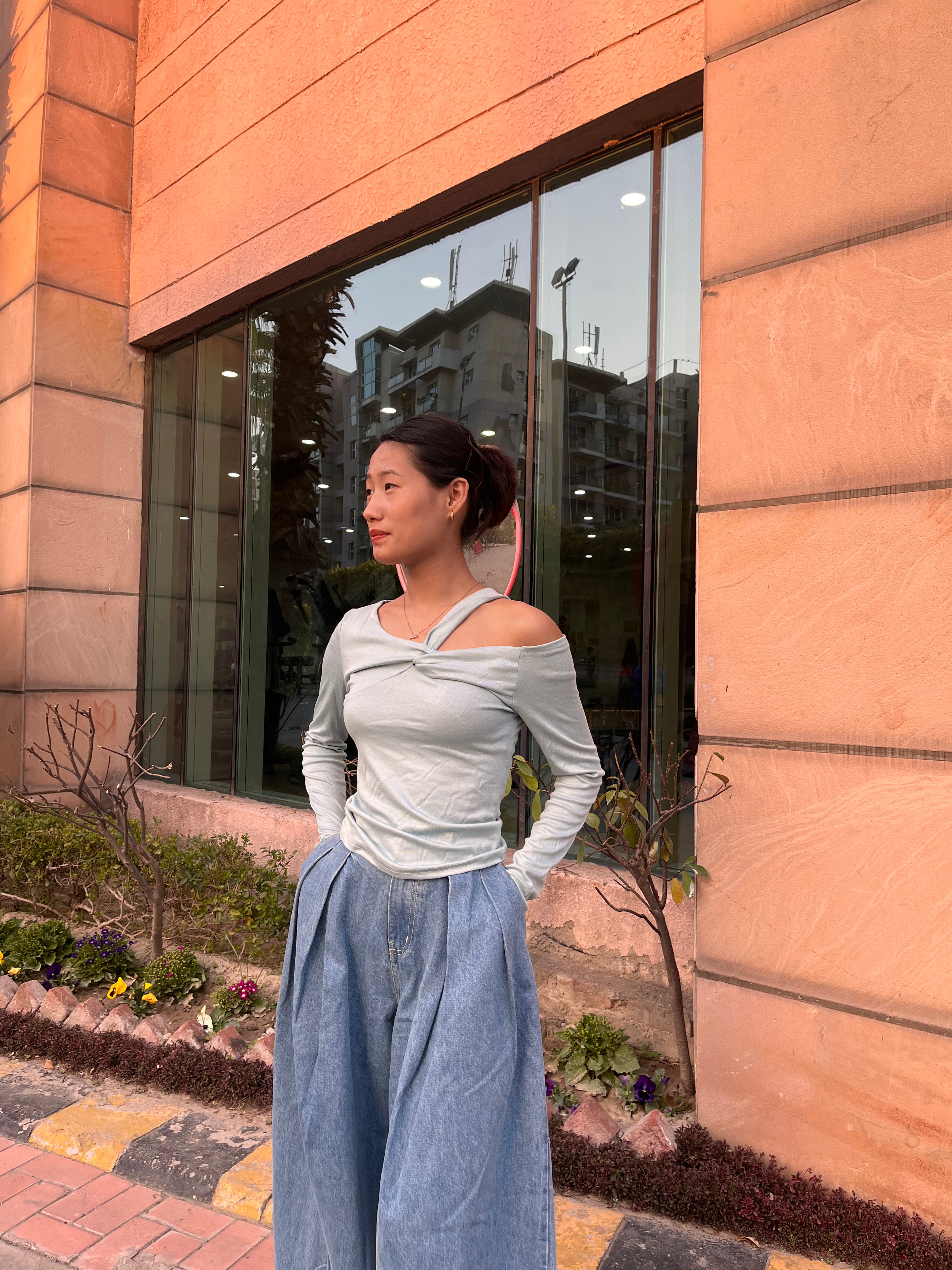 J-Drama Inspired One-Shoulder Knot Top – Asymmetrical Long Sleeve Blouse with Twisted Neckline Detail - BASIC