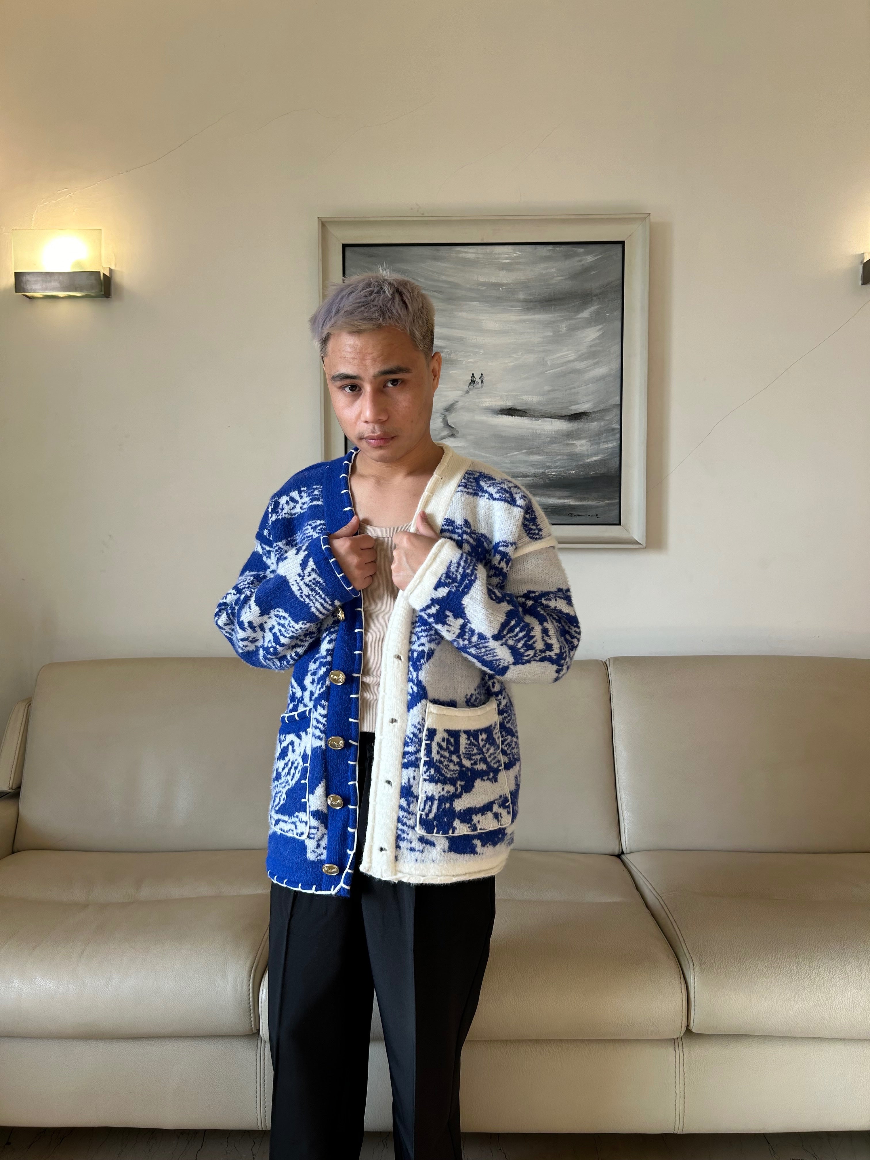 C-Drama Inspired Artistic Outerwear - Rope-Printed Knit Cardigan with Button Detailing and Blanket Stitch Accents – BASIC