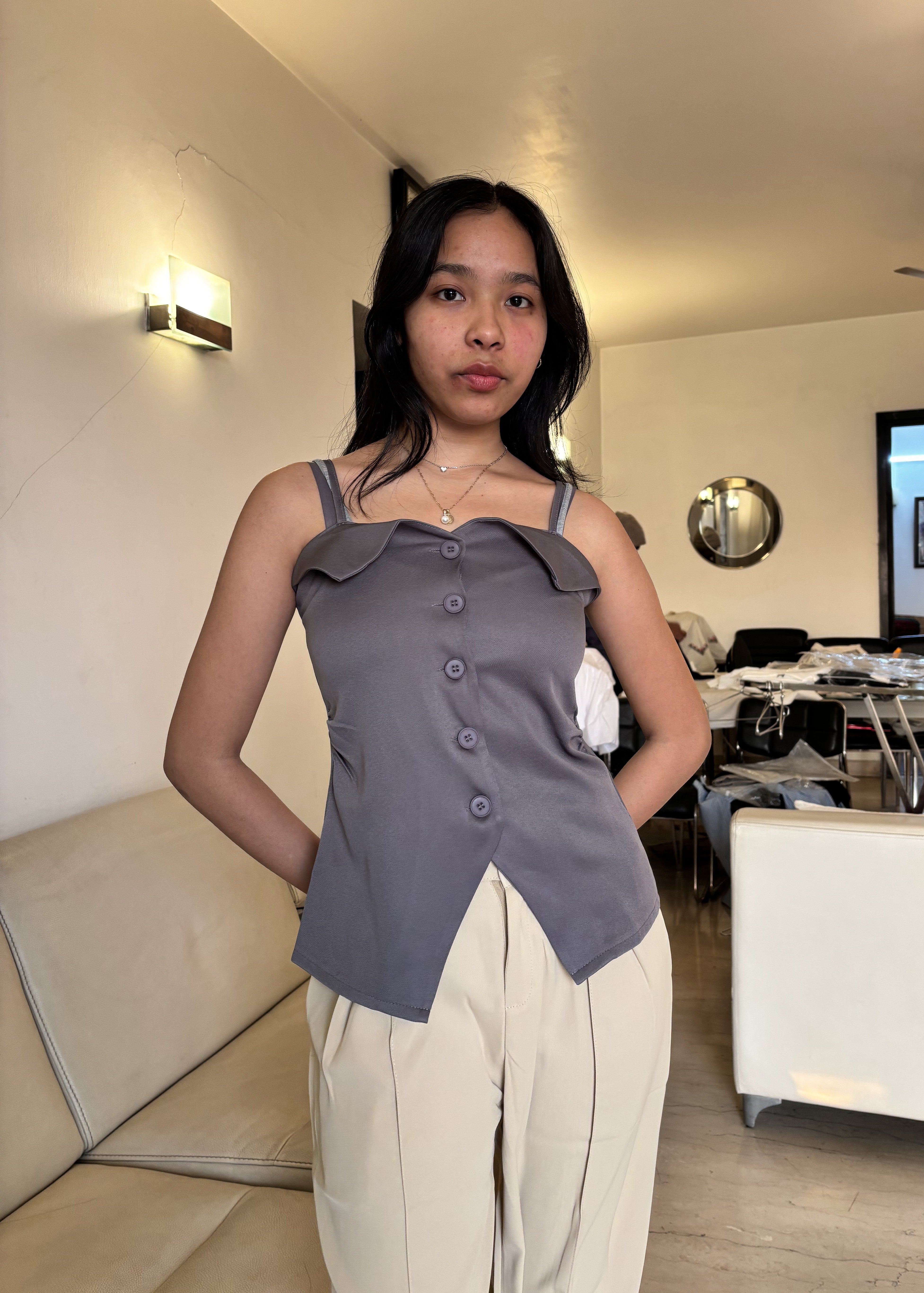 K-Drama Inspired Chic Urban Look - Elegant Button-Front Sleeveless Top with Folded Collar Detail – BASIC