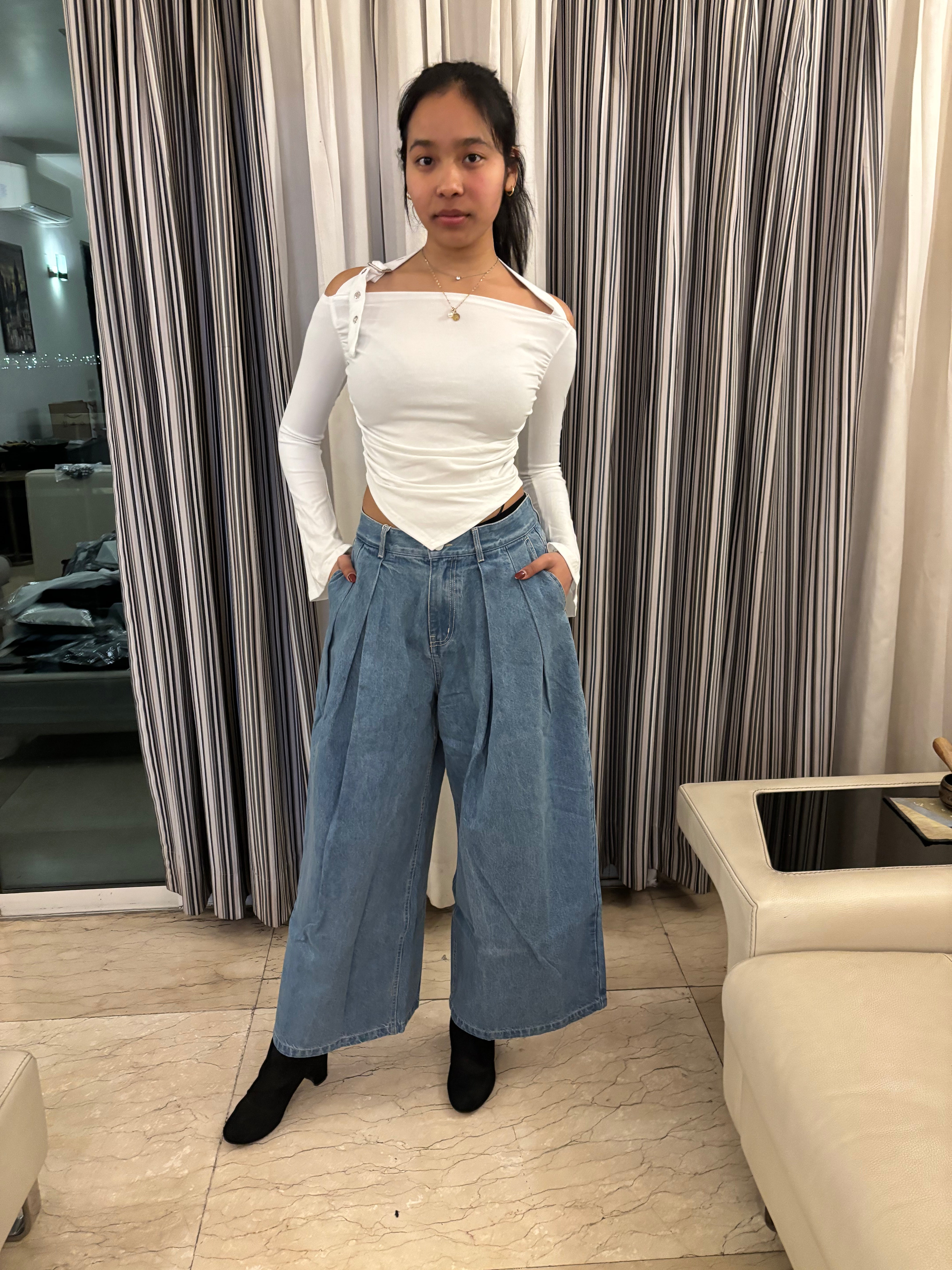 K-Drama-Inspired Urban Chic - Asymmetrical Off-Shoulder Belted Strap Top – BASIC