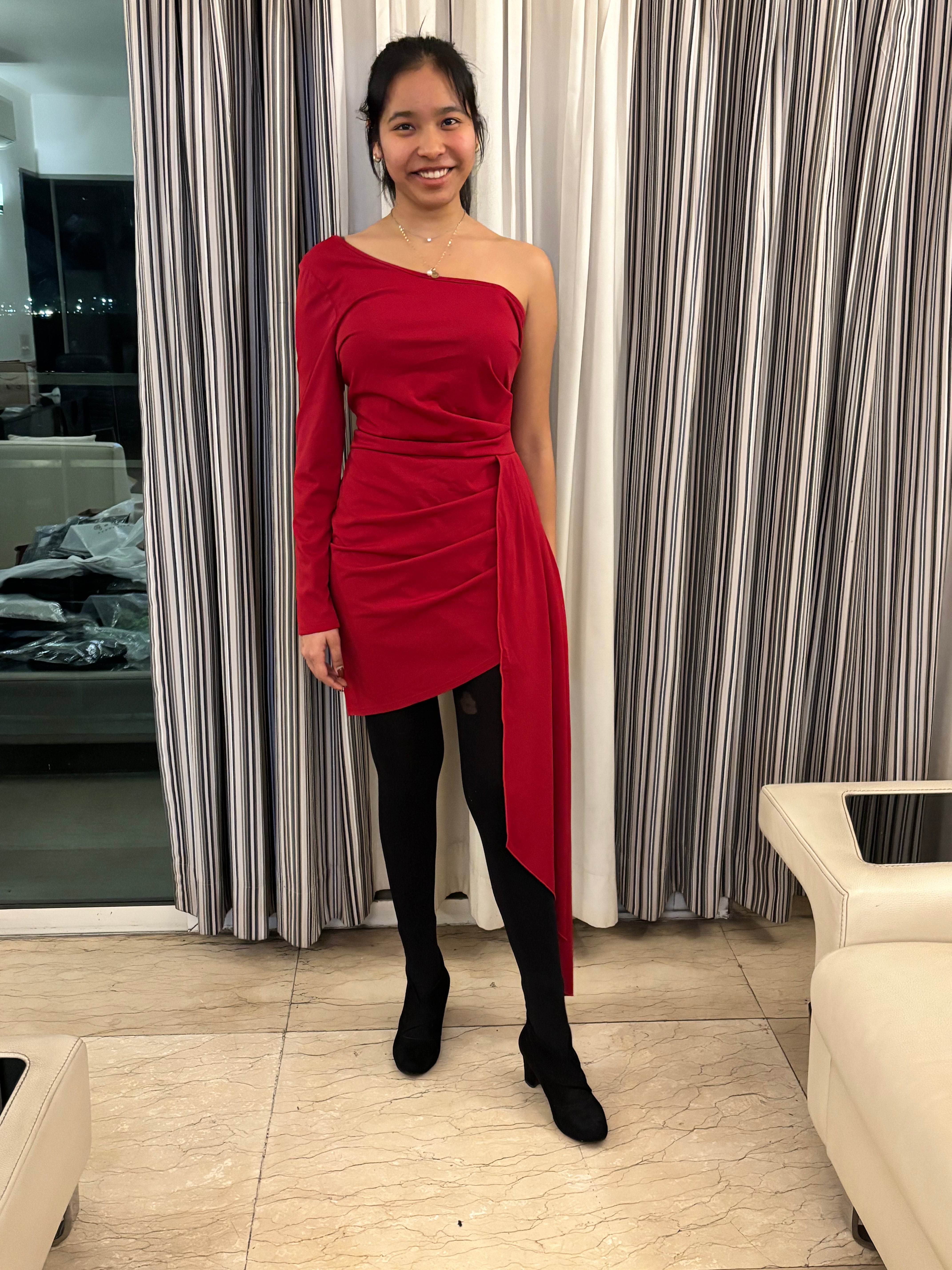 J-Drama Inspired Statement Elegance - One-Shoulder Draped Mini Dress with Dramatic Side Train – BASIC