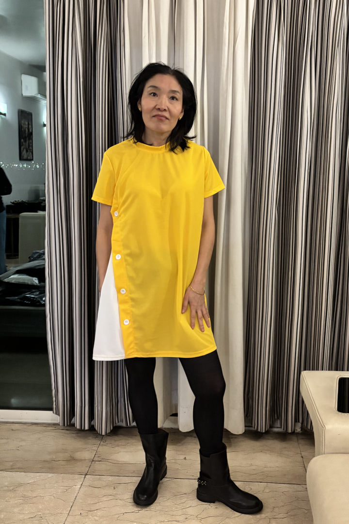 J-Drama Inspired Playful Maternity Dress – Colorblock Yellow & White Tunic with Side Bow and Button Detailing - BASIC