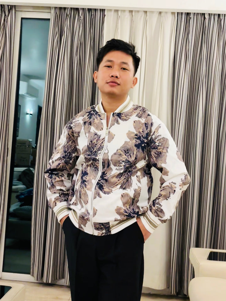 K-Drama Inspired Street-Style Statement : Luxe Floral Bomber Jacket with Monochrome Petal Print –  BASIC