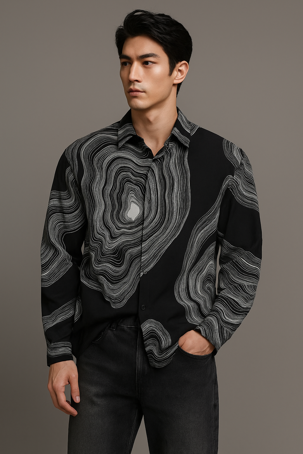 J-Drama Monochrome Mood : Black Shirt with Abstract Line Print – BASIC