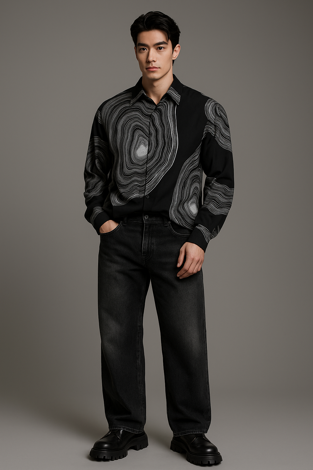 J-Drama Monochrome Mood : Black Shirt with Abstract Line Print – BASIC