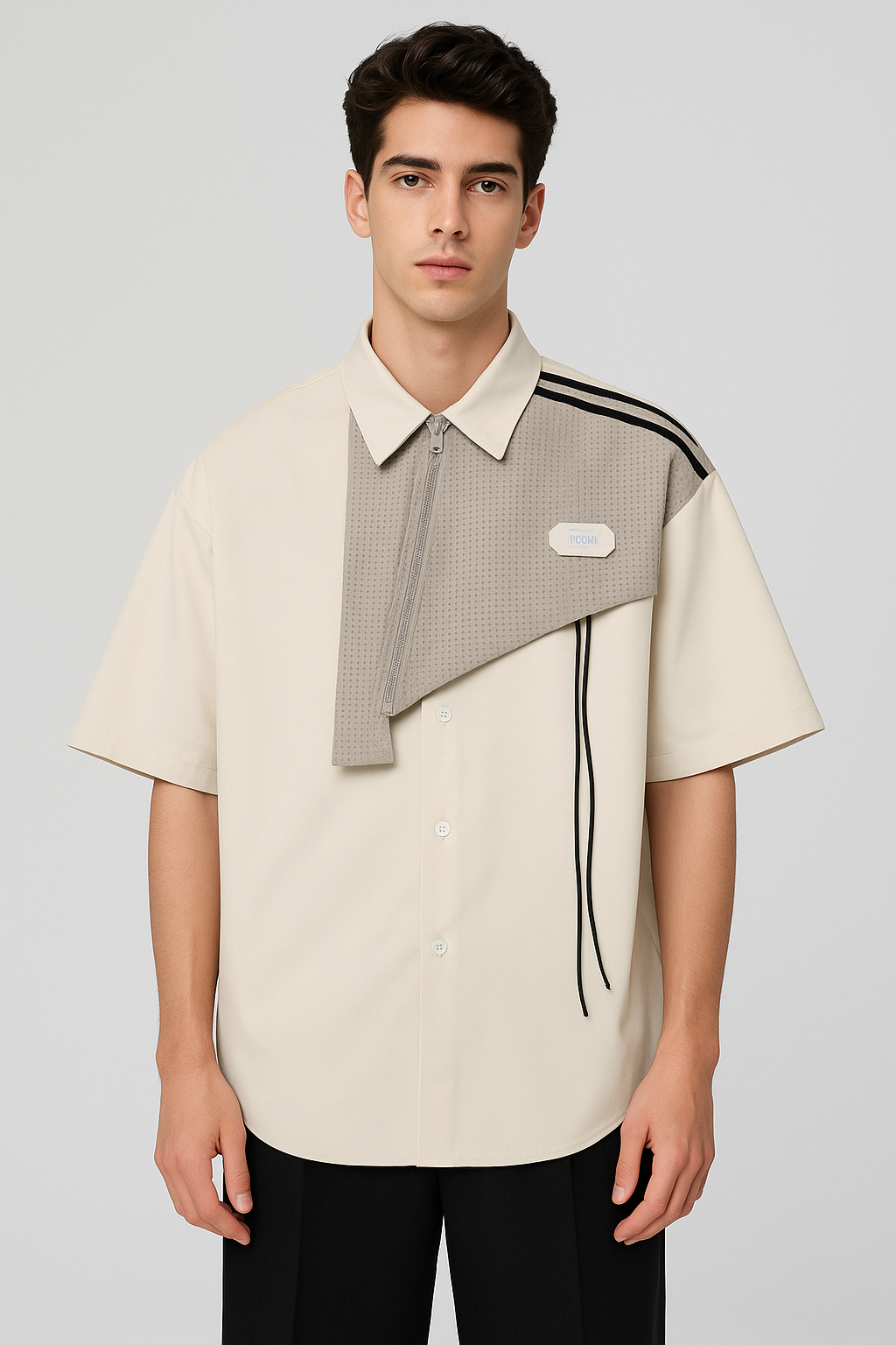 C-Drama Inspired Urban wear - Double-Layered Shirt with Asymmetric Zipper Overlay and Button Closure – BASIC