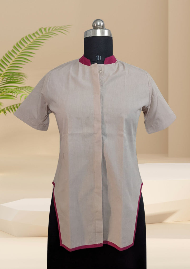 Short Sleeve  Stand Collar Shirt with Asymmetrical Hem