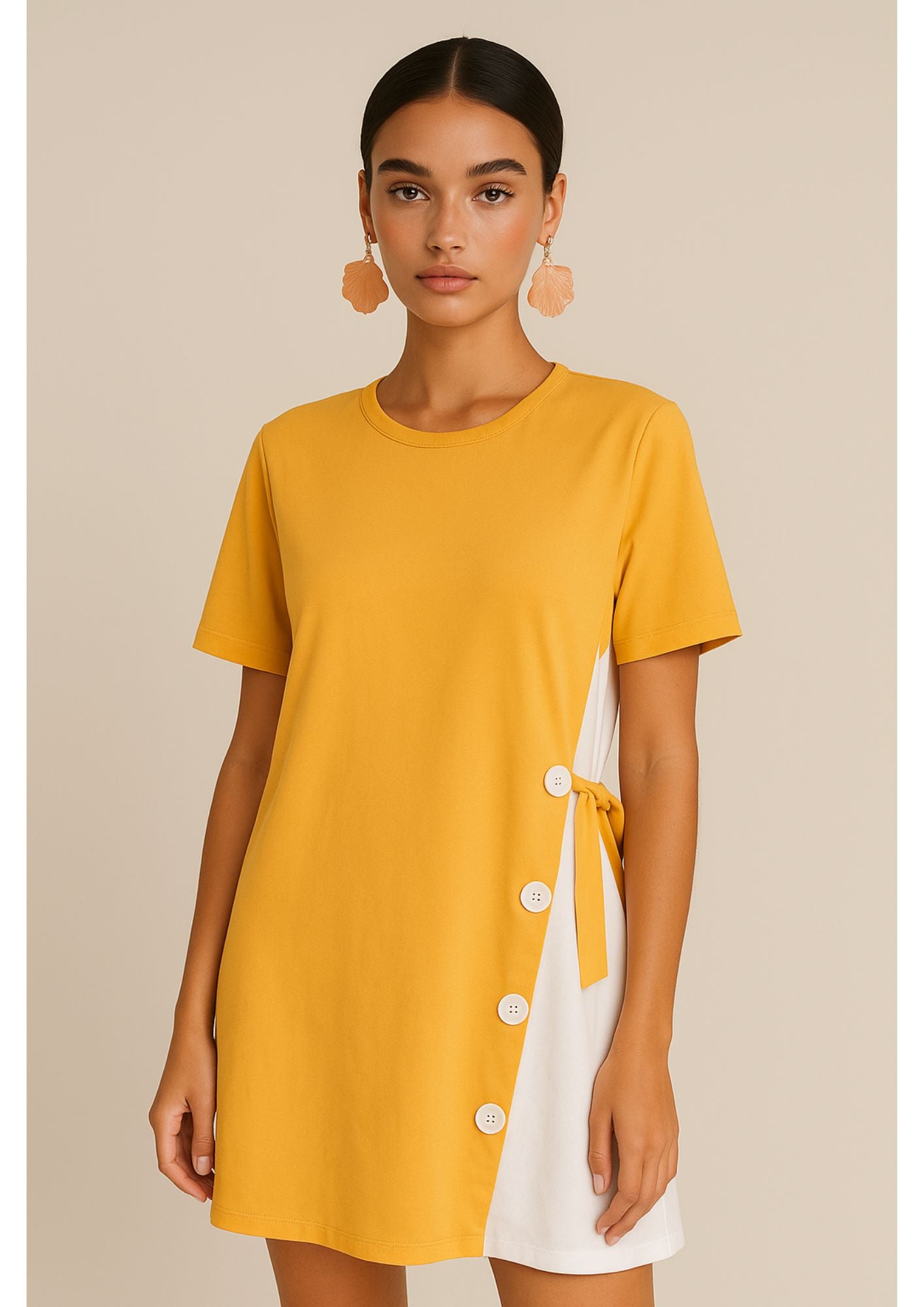 J-Drama Inspired Playful Maternity Dress – Colorblock Yellow & White Tunic with Side Bow and Button Detailing - BASIC