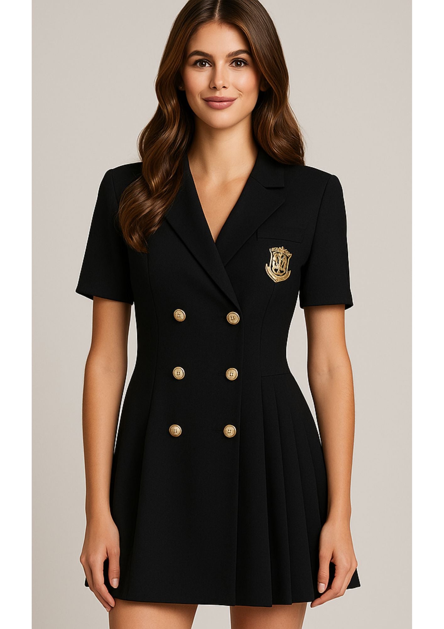 K-Drama CEO Chic Edition - Structured Pleated Blazer Dress with Gold Buttons – BASIC