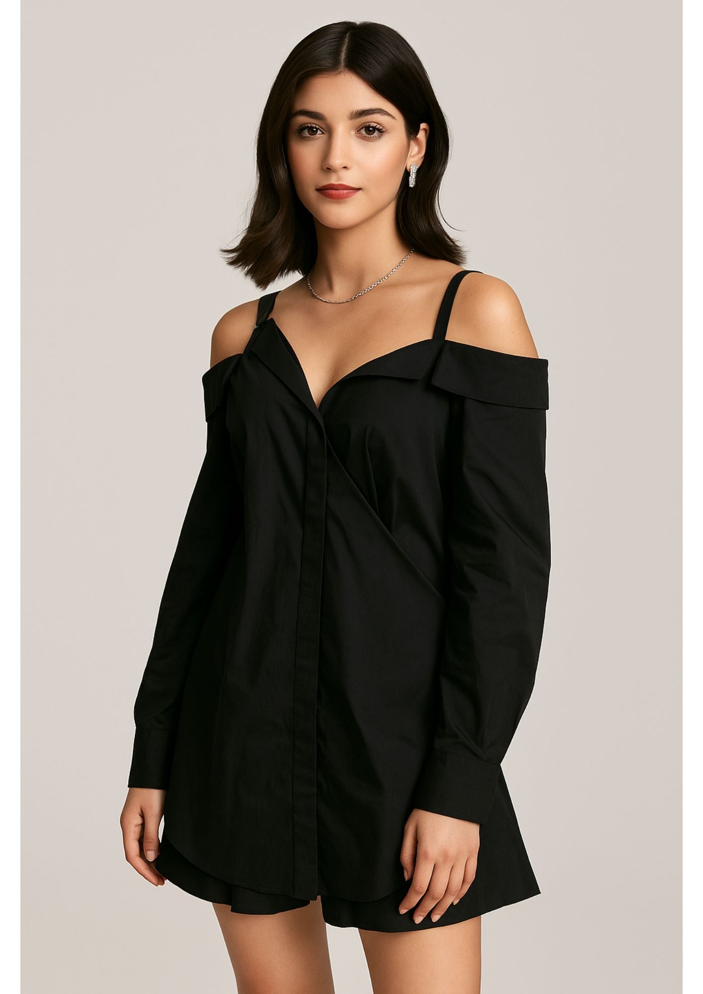 K-Drama CEO Off-Duty Glam - Chic Off-Shoulder Black Shirt Dress - BASIC