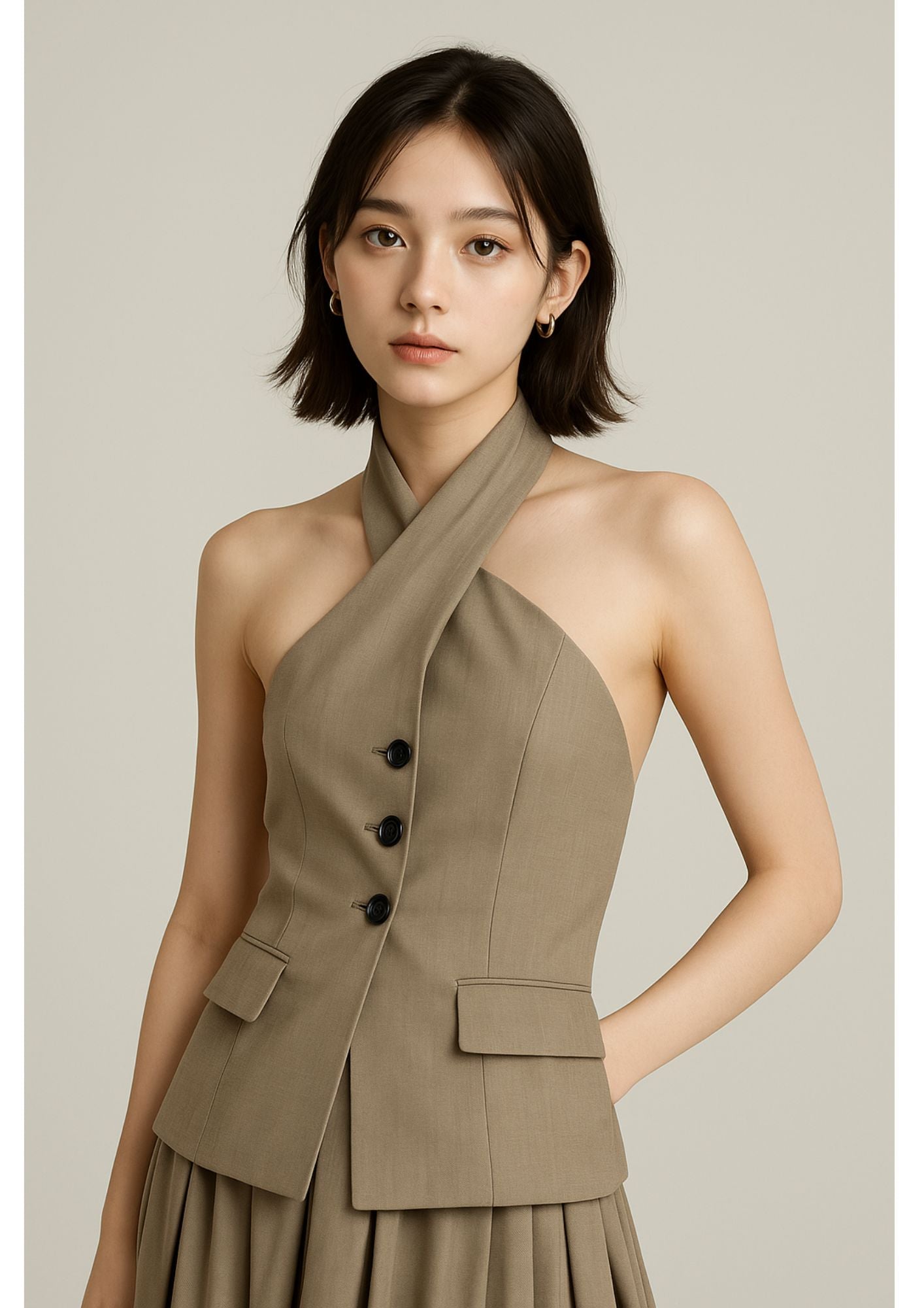 C-Drama Inspired Sophisticated Modern wear - Structured Asymmetric Halter-Neck Blazer Top – BASIC