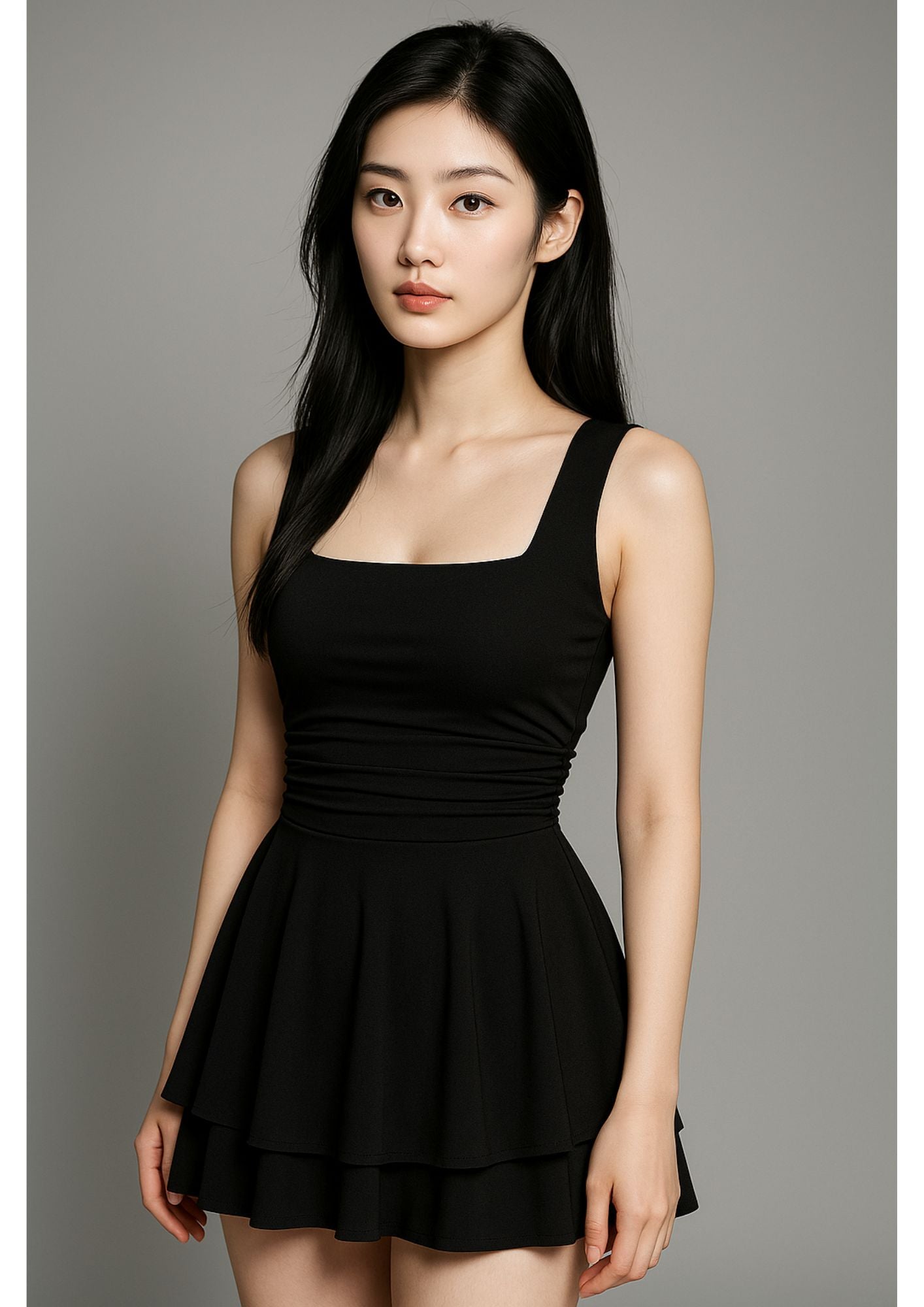 K-Drama Inspired Flirty & Feminine Silhouette - Square Neck Sleeveless Tiered Mini Dress –  BASIC