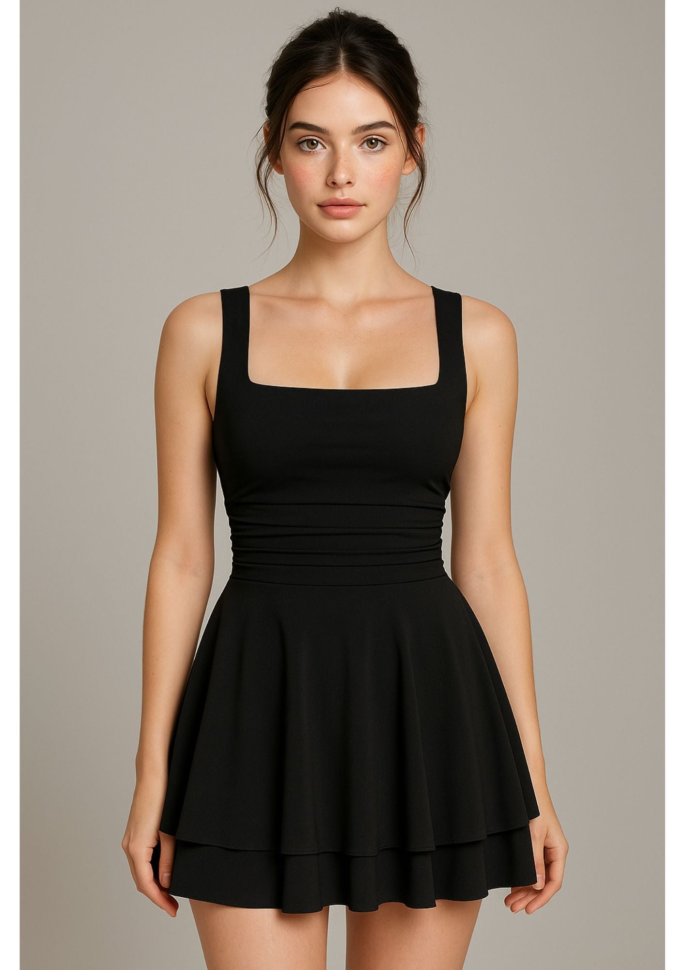 K-Drama Inspired Flirty & Feminine Silhouette - Square Neck Sleeveless Tiered Mini Dress –  BASIC