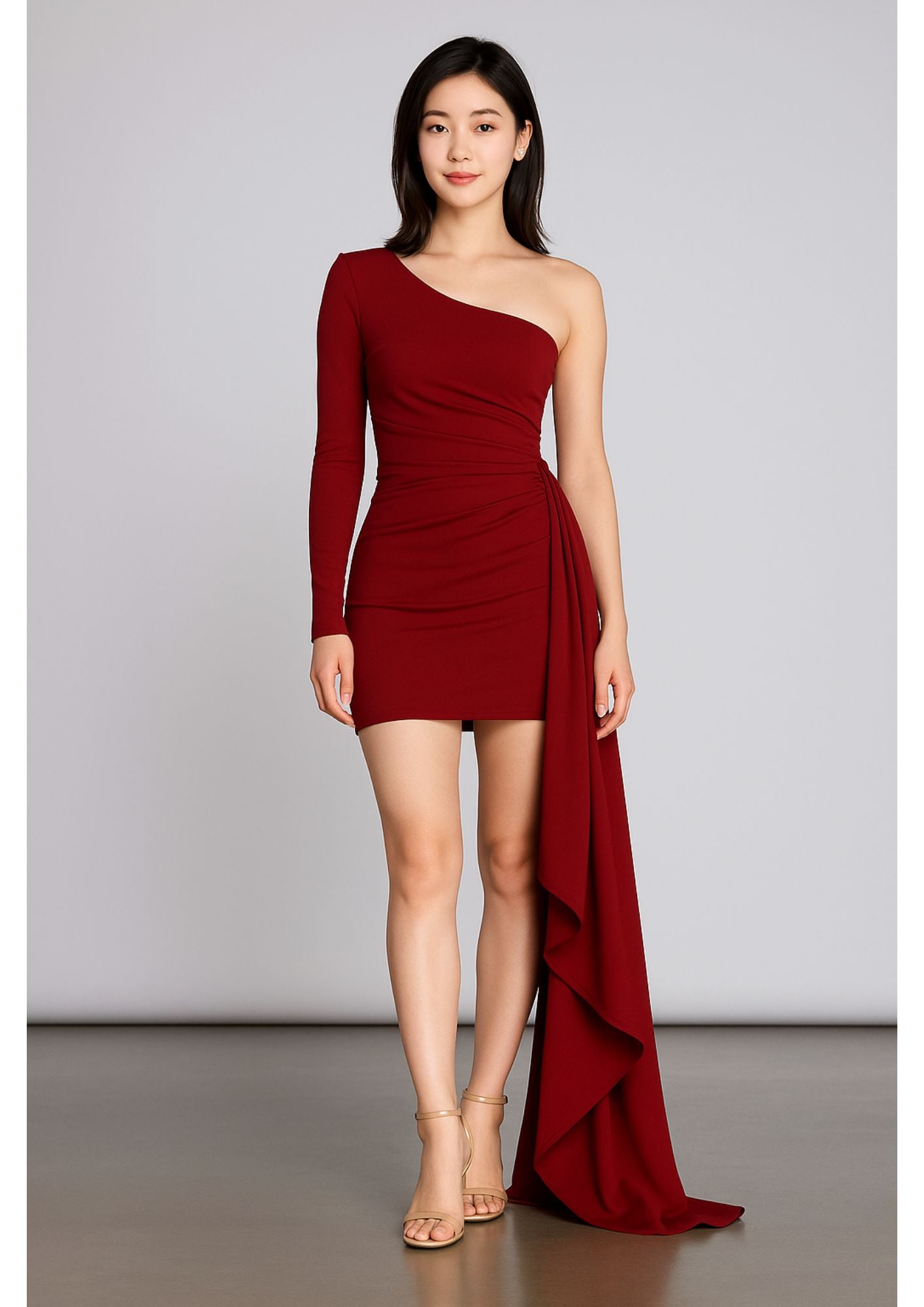J-Drama Inspired Statement Elegance - One-Shoulder Draped Mini Dress with Dramatic Side Train – BASIC