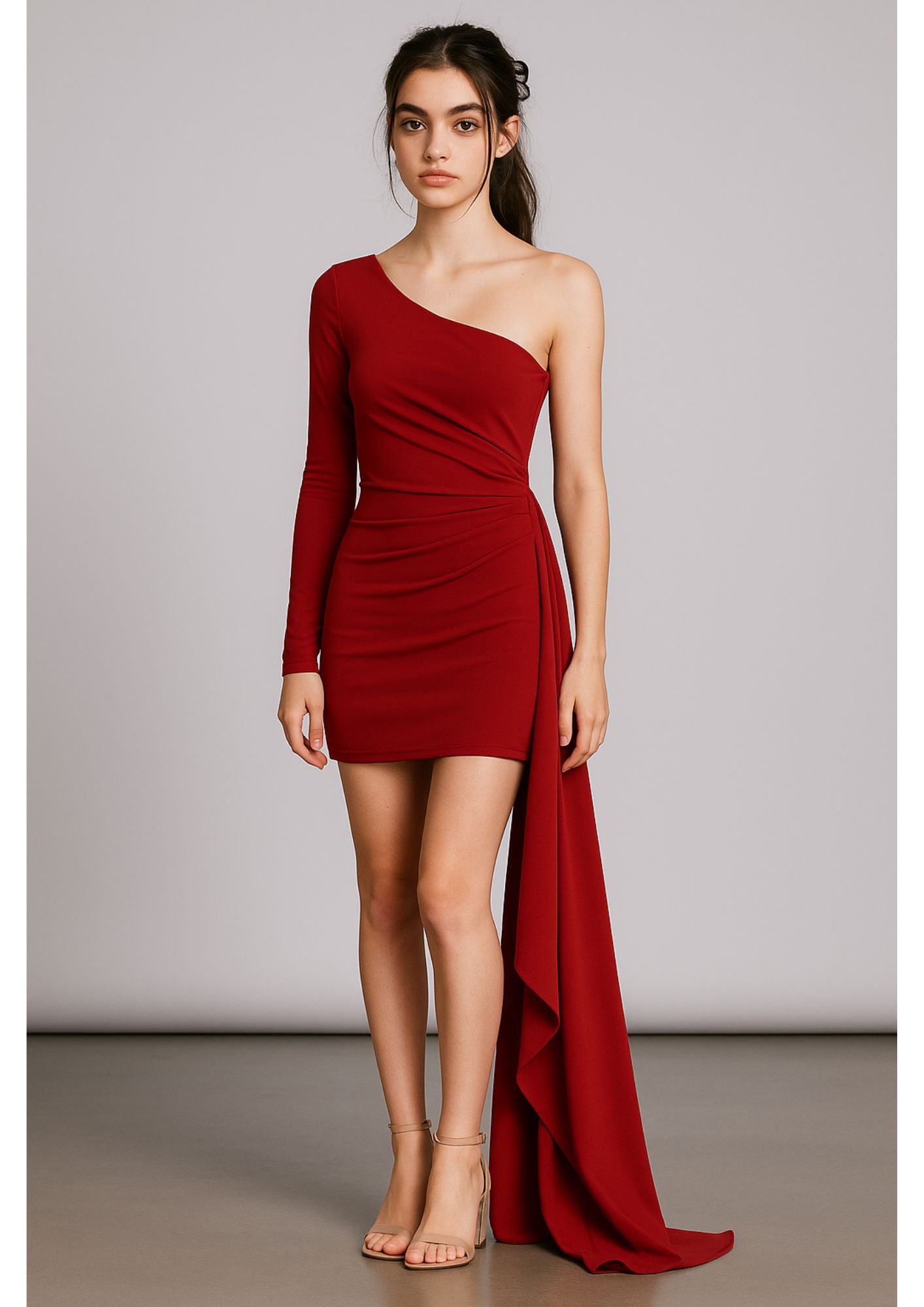 J-Drama Inspired Statement Elegance - One-Shoulder Draped Mini Dress with Dramatic Side Train – BASIC