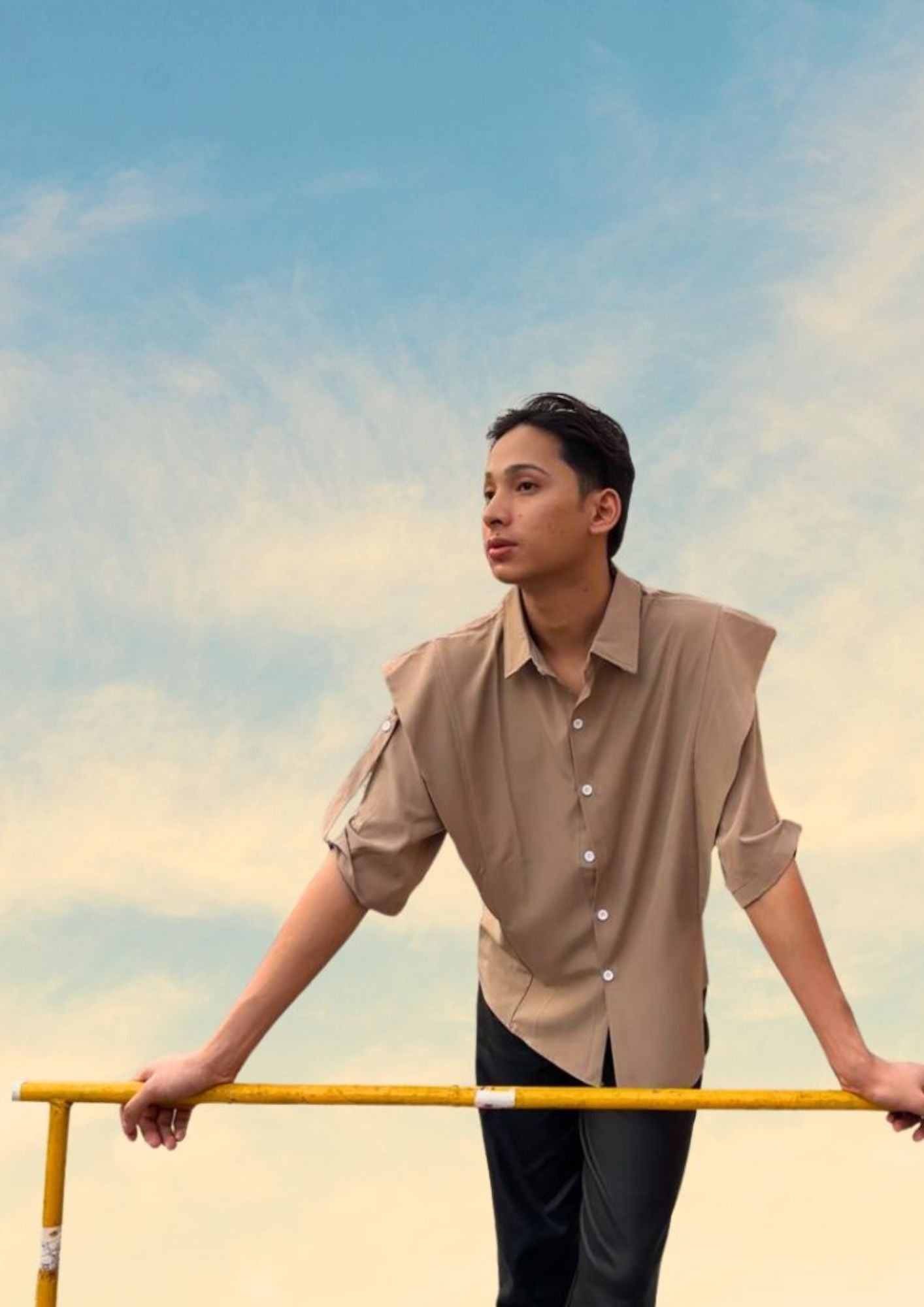 K-Drama-Inspired Contemporary Elegance - Taupe Shirt with Layered Shoulder Detailing – BASIC