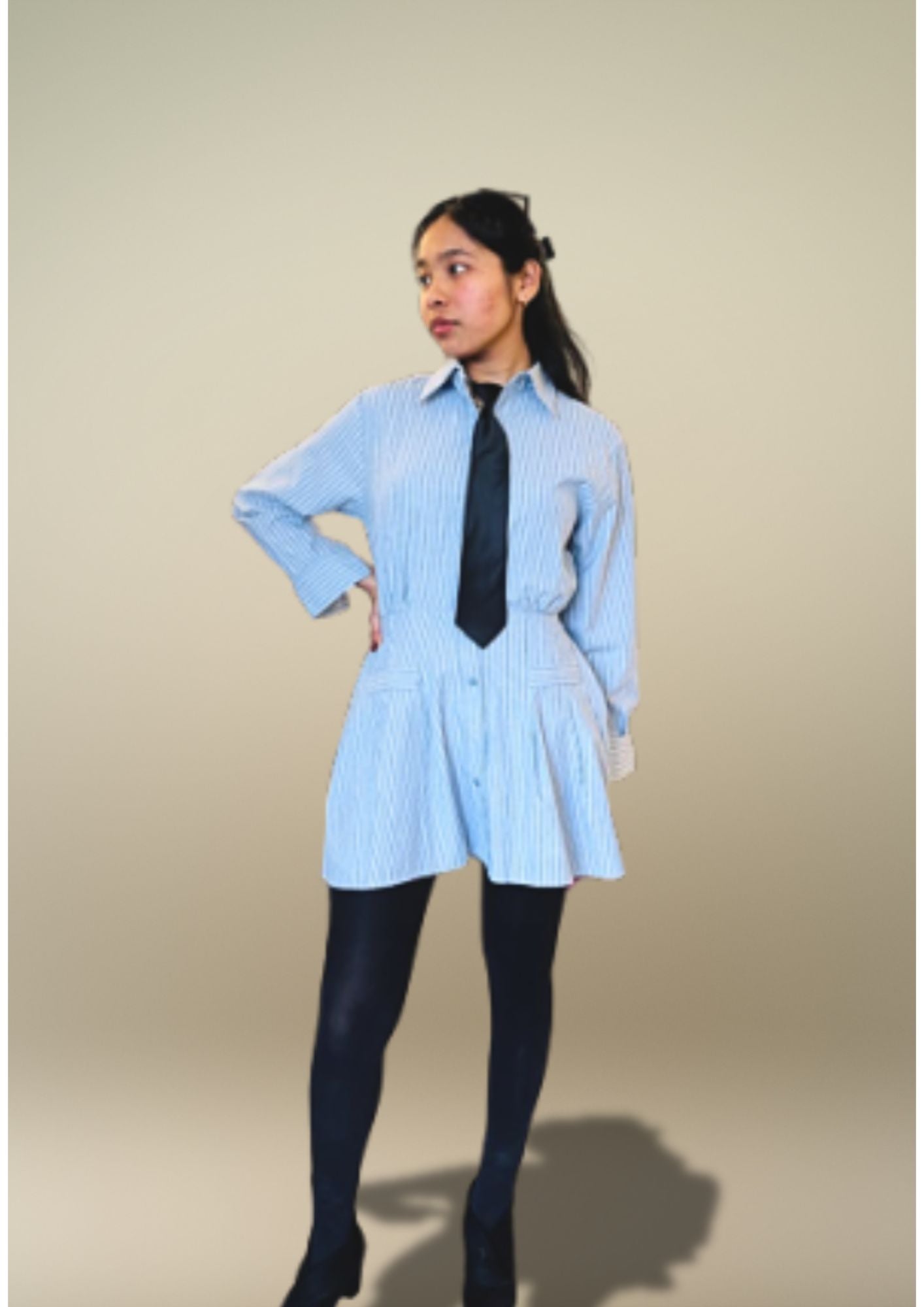 K-Drama Inspired Elegant Street Style - Chic Striped Shirt Dress with Flared Hem – BASIC