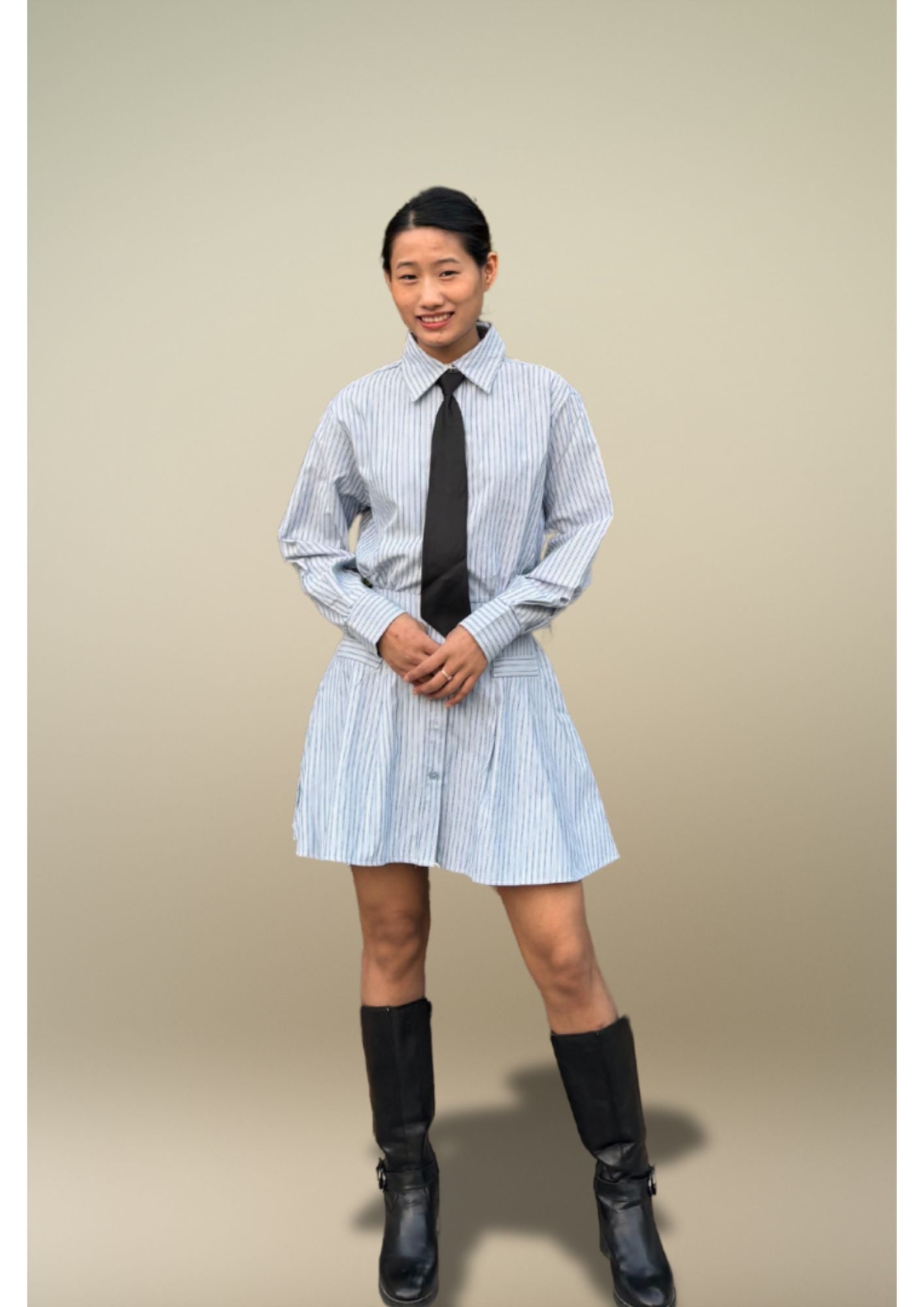 K-Drama Inspired Elegant Street Style - Chic Striped Shirt Dress with Flared Hem – BASIC