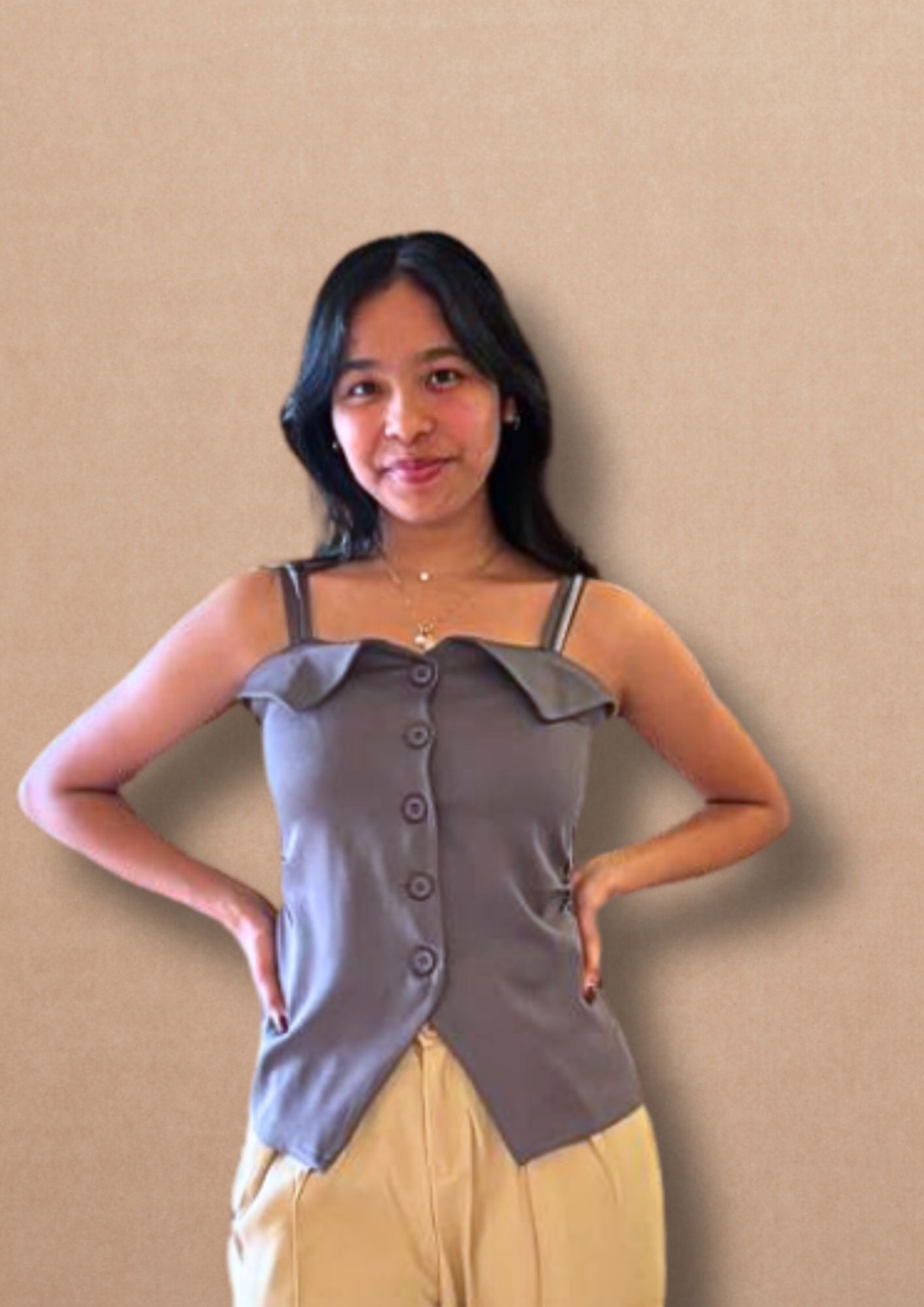 K-Drama Inspired Chic Urban Look - Elegant Button-Front Sleeveless Top with Folded Collar Detail – BASIC