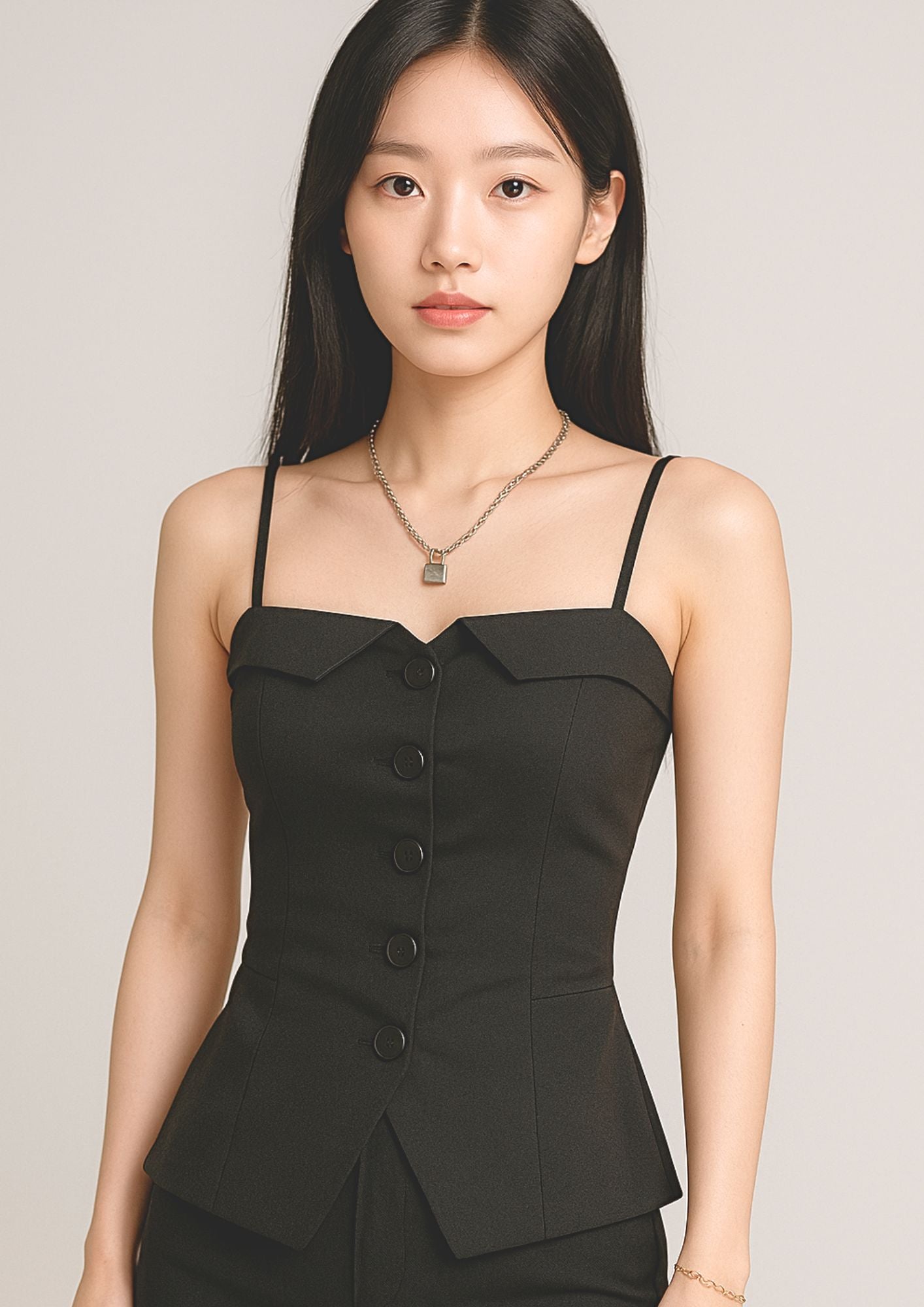 K-Drama Inspired Chic Urban Look - Elegant Button-Front Sleeveless Top with Folded Collar Detail – BASIC