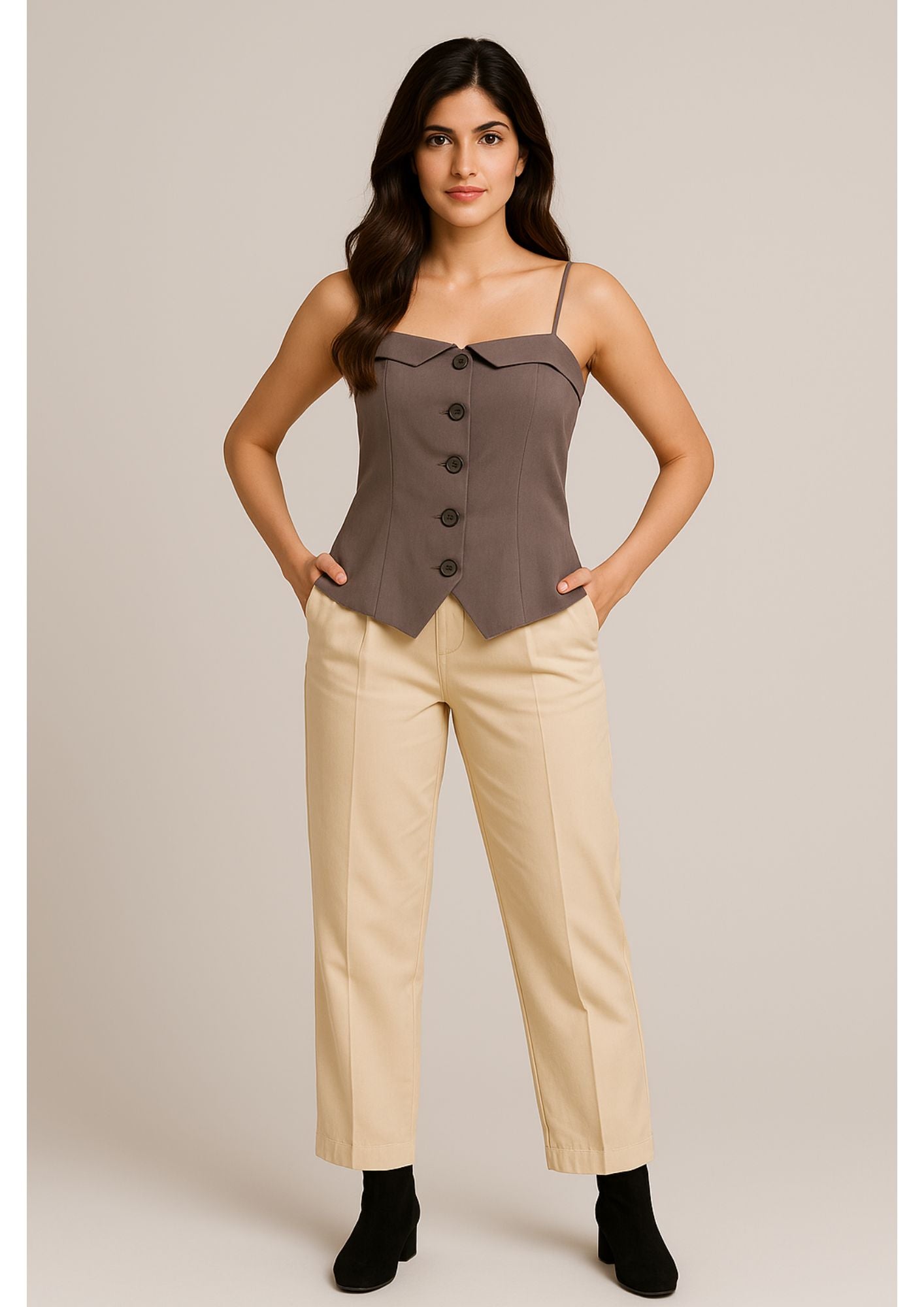 K-Drama Inspired Chic Urban Look - Elegant Button-Front Sleeveless Top with Folded Collar Detail – BASIC