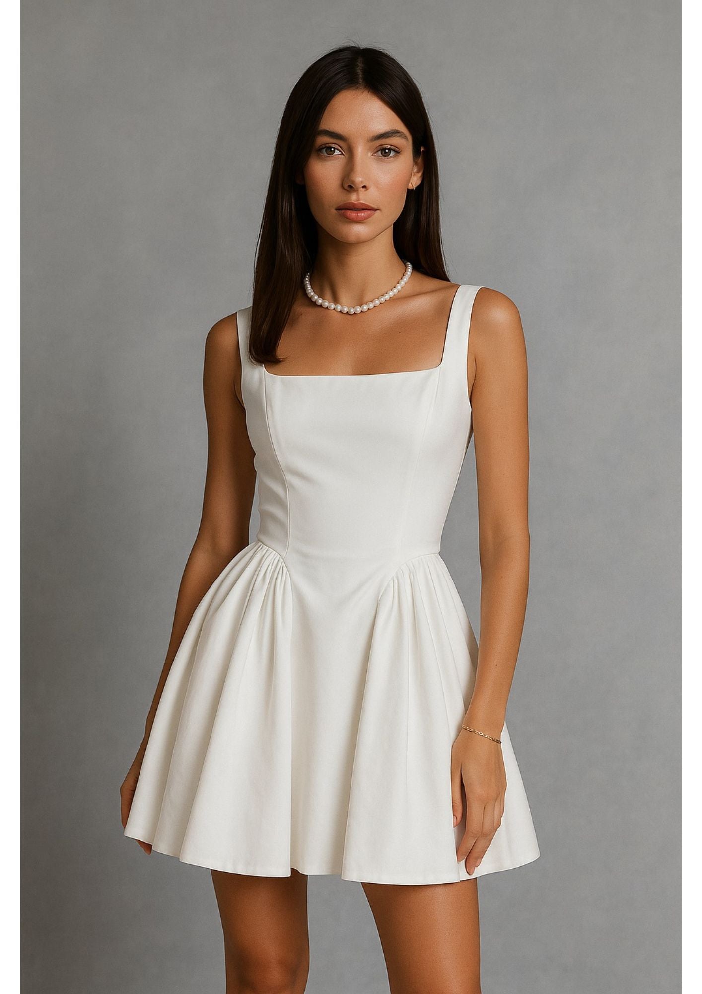 C-Drama Inspired  Ethereal Mini Dress : White Side-Gathered Mini Dress with Square Neckline – BASIC