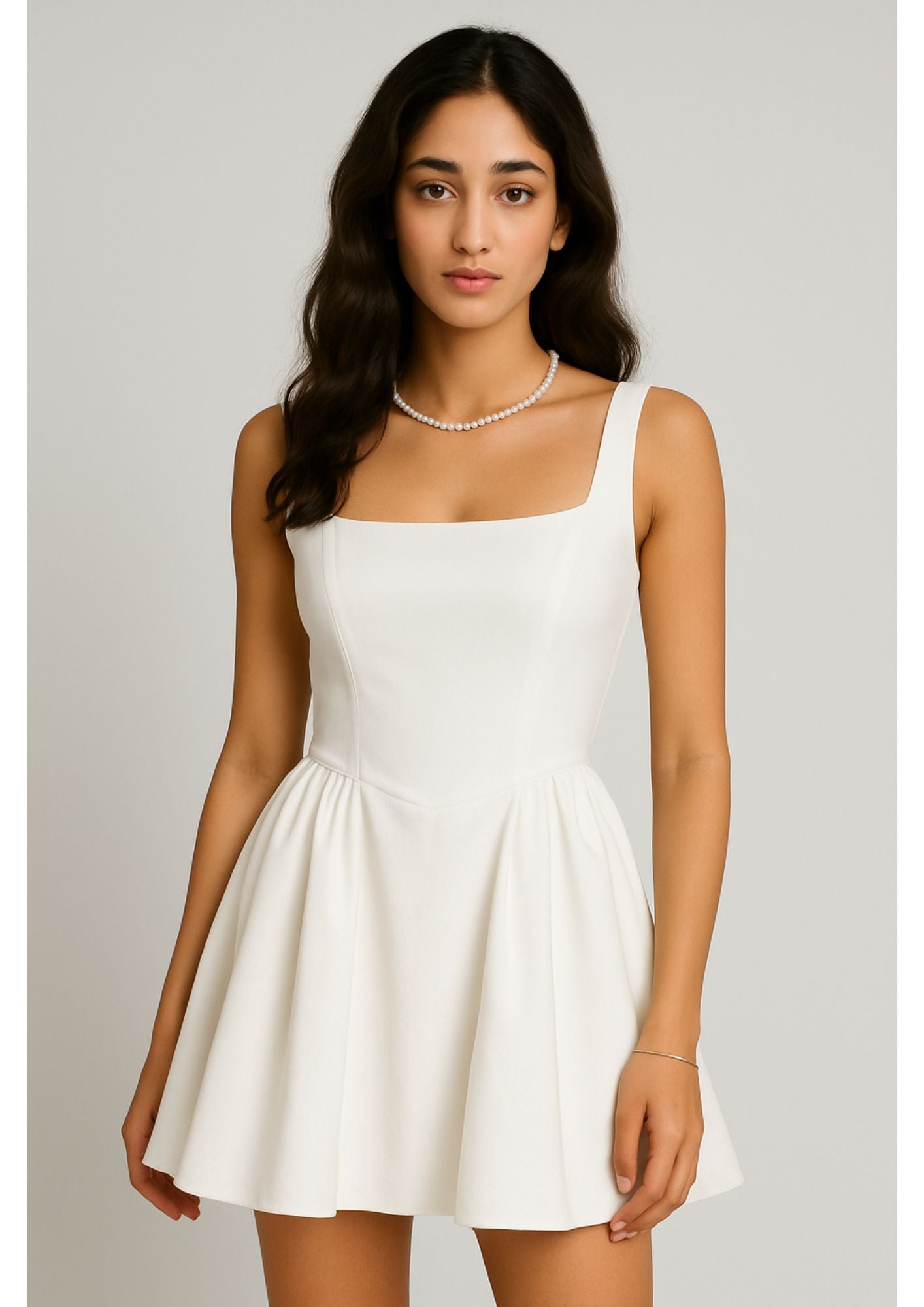 C-Drama Inspired  Ethereal Mini Dress : White Side-Gathered Mini Dress with Square Neckline – BASIC