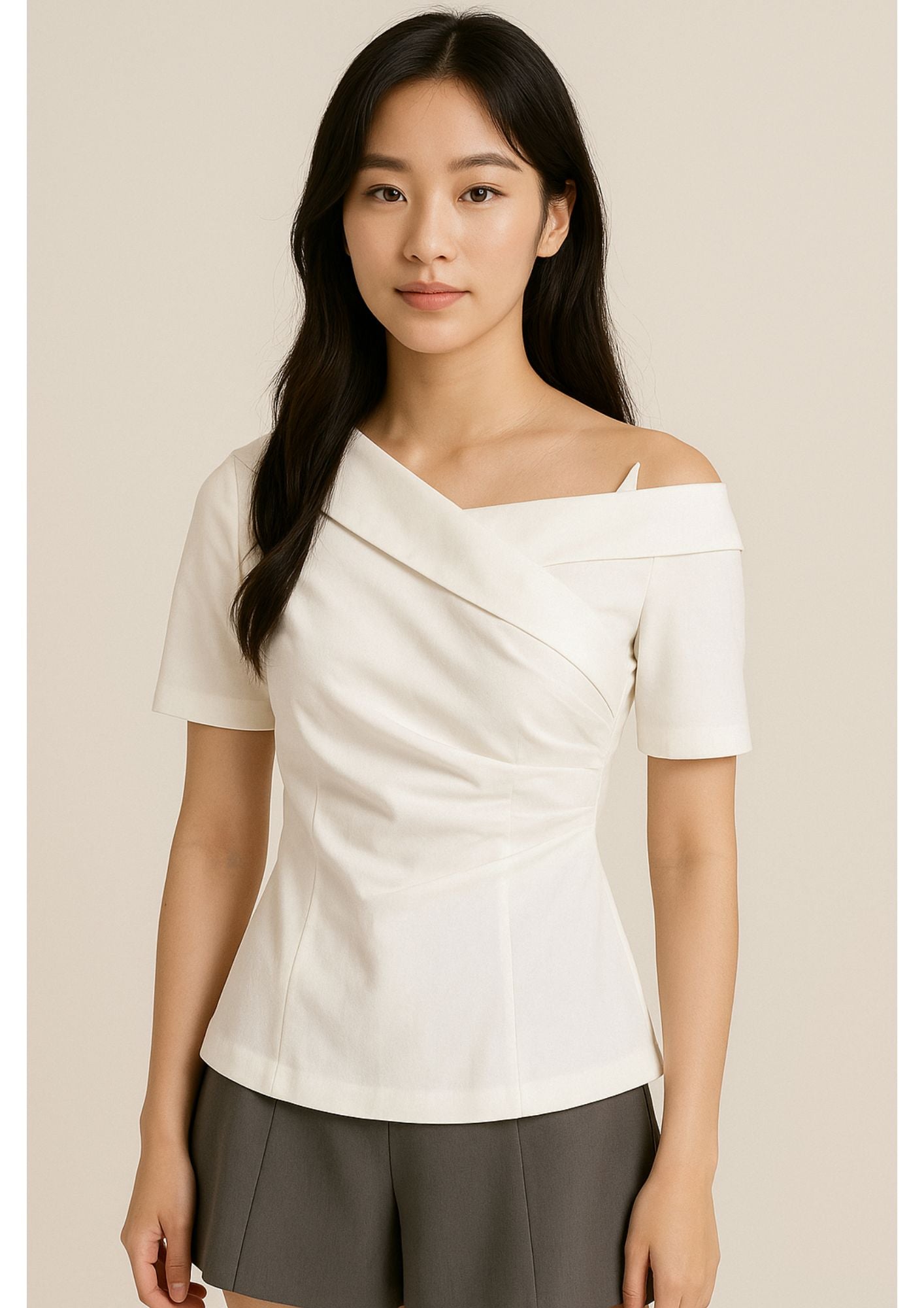 C-Drama Inspired Chic One Shoulder Top - Asymmetric Pleated Draped Blouse with Off-Shoulder Detail - BASIC