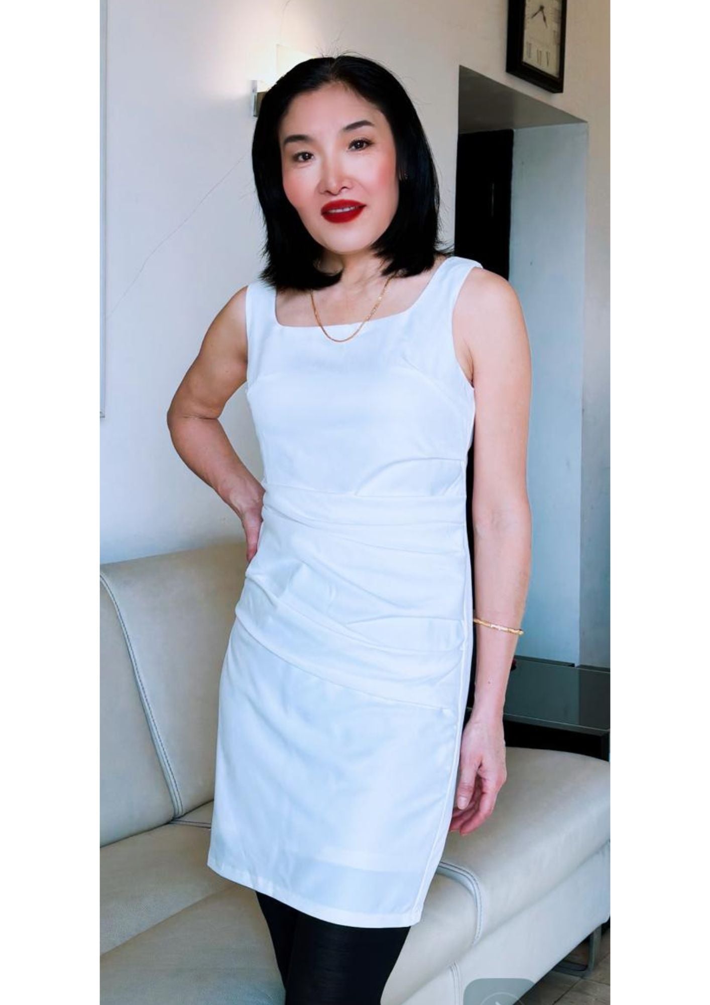 Paris Runway Elegance Inspired : Sleeveless Front-Gathered White Bodycon Dress – BASIC
