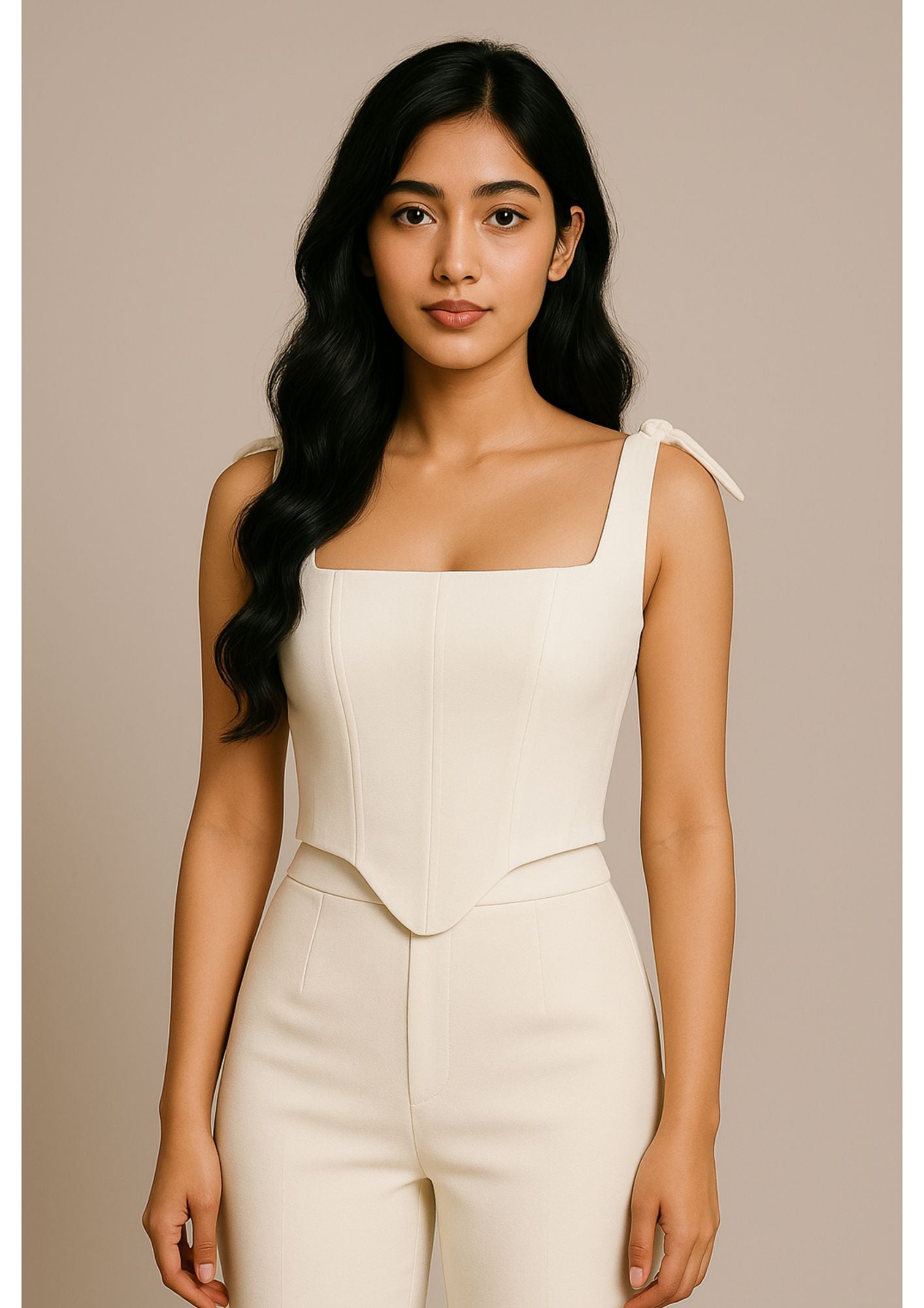 C-Drama Inspired Modern Elegance : White Sweetheart Corset Top with Tie-Strap Detailing – BASIC