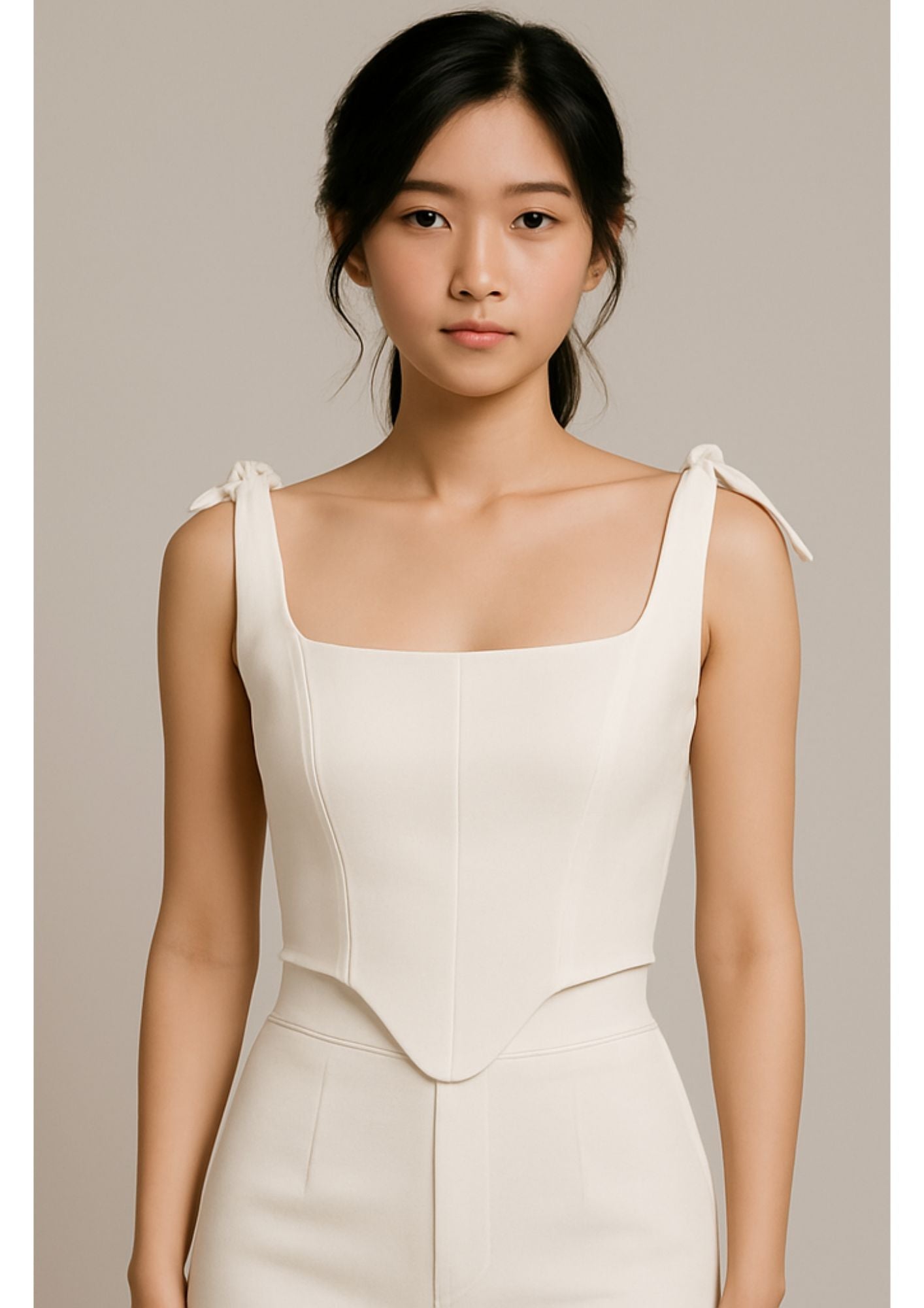C-Drama Inspired Modern Elegance : White Sweetheart Corset Top with Tie-Strap Detailing – BASIC
