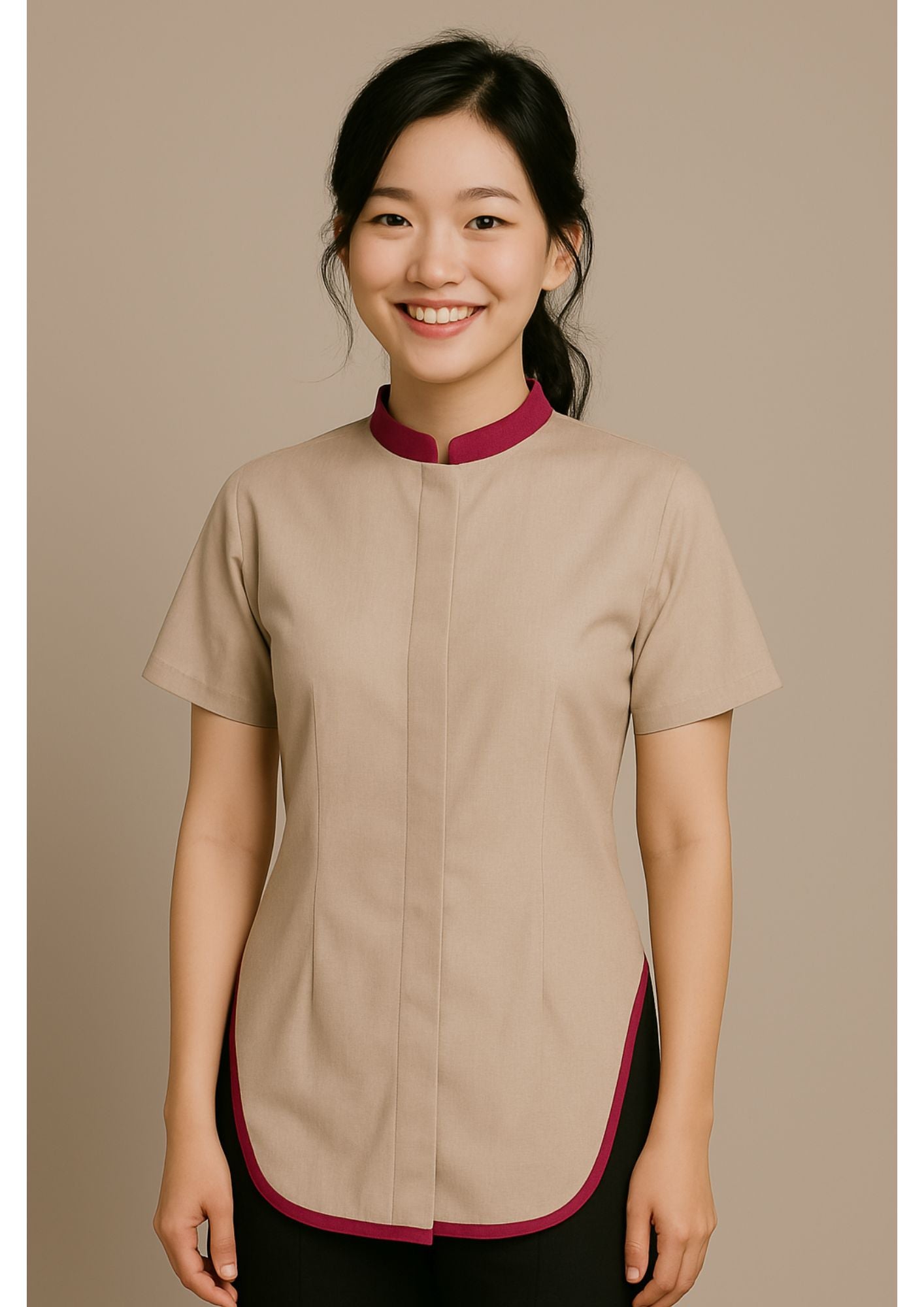 C-Drama Poise: Contrast-Trimmed Mandarin Collar Shirt with Asymmetrical Hem – BASIC