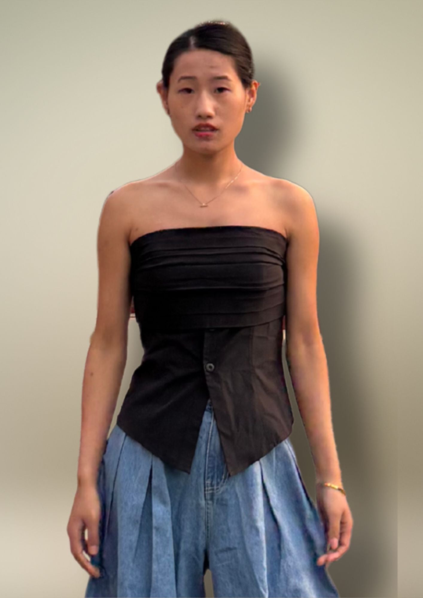K-Fashion Chic with Edgy Elegance- Pleated Corset-Inspired Strapless Top- BASIC