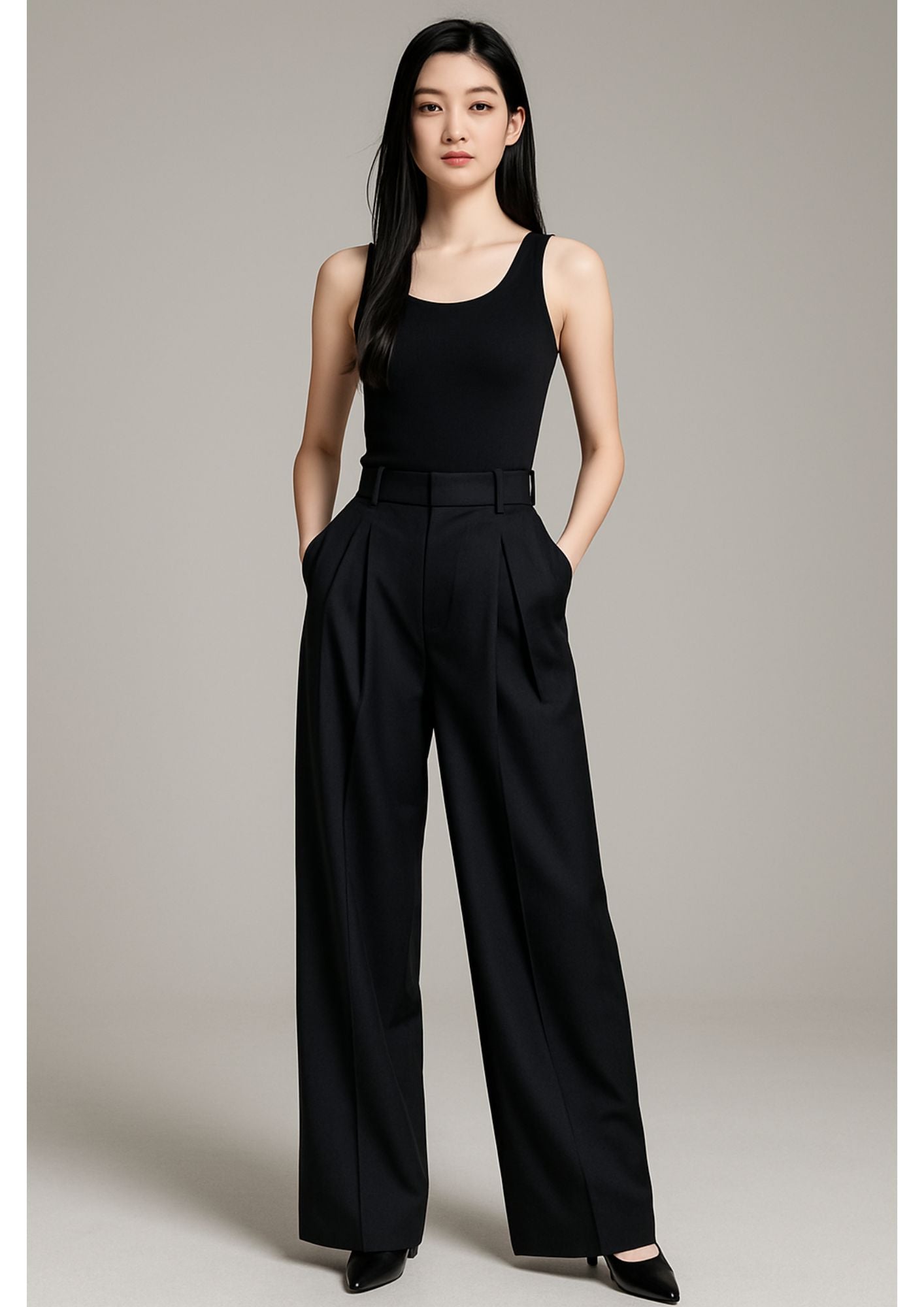 J-Drama Inspired Wide-Leg Trousers – High-Waisted Pleated Pants with Belted Waist Detail - BASIC