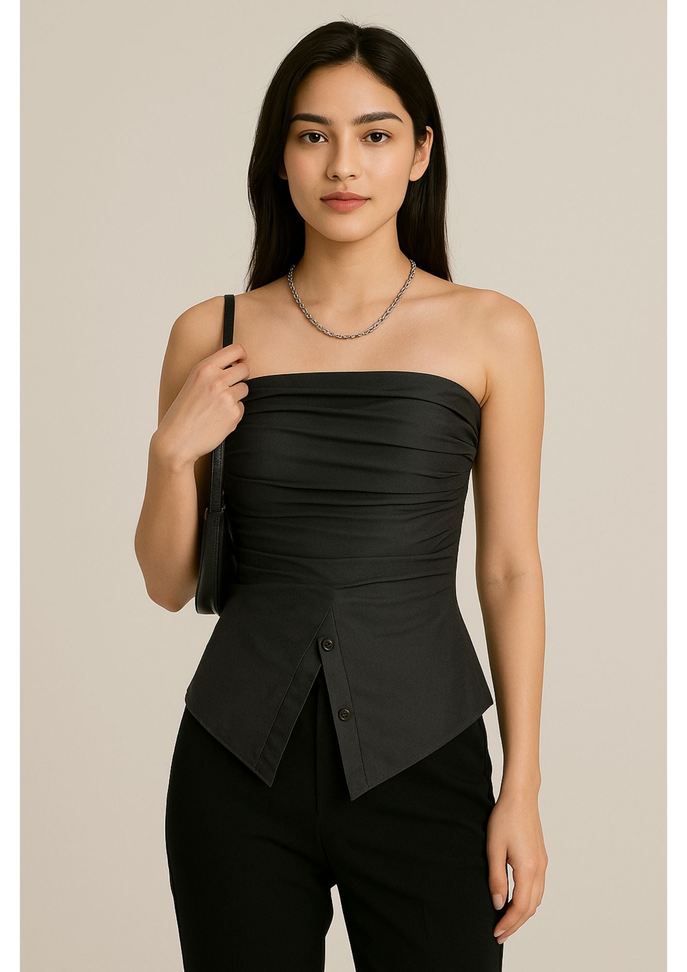 K-Fashion Chic with Edgy Elegance- Pleated Corset-Inspired Strapless Top- BASIC