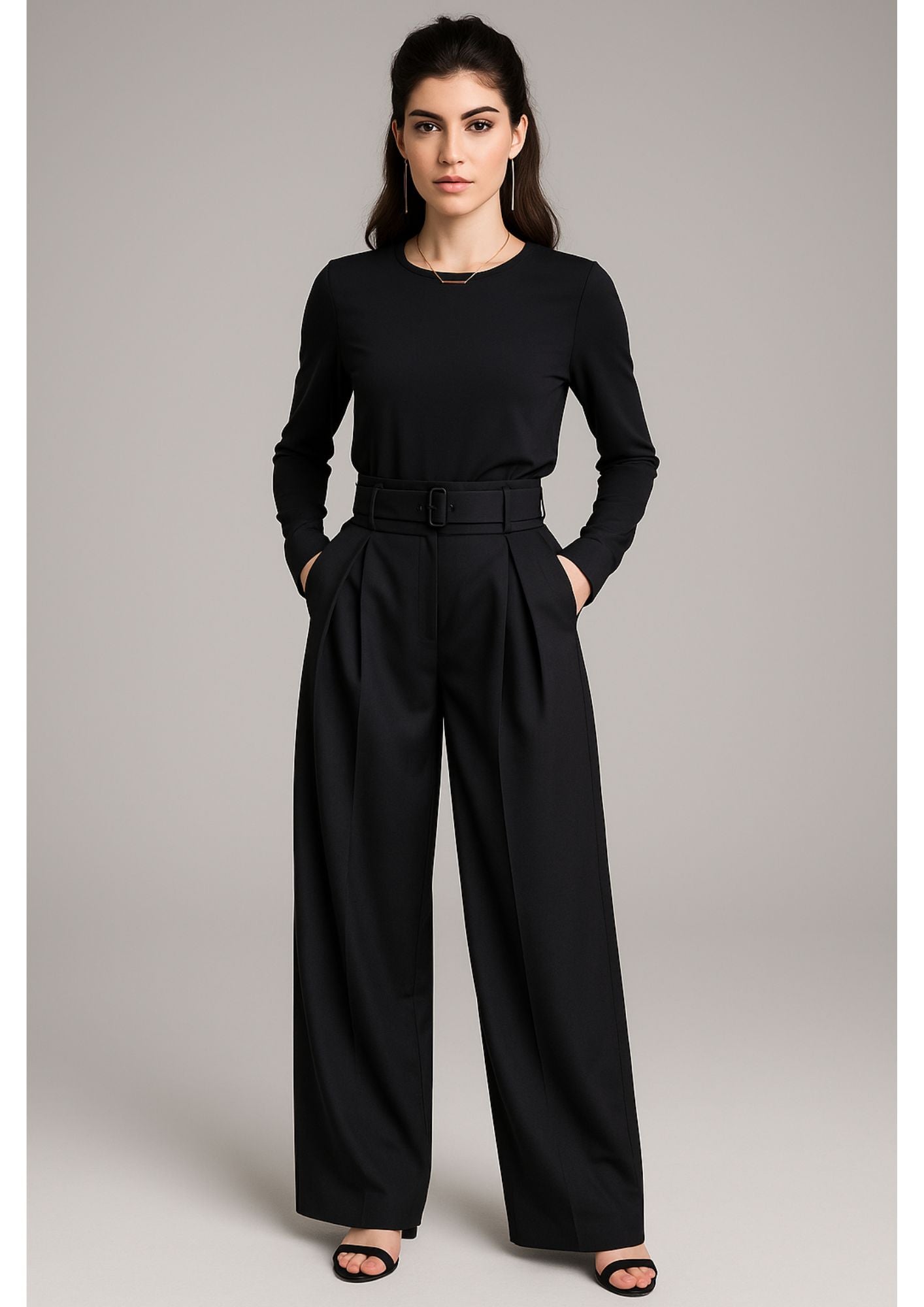 J-Drama Inspired Wide-Leg Trousers – High-Waisted Pleated Pants with Belted Waist Detail - BASIC