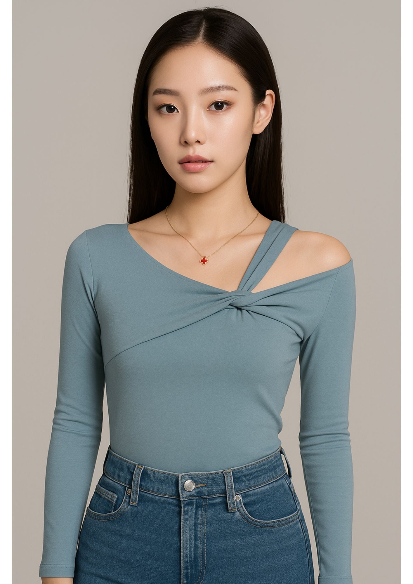 J-Drama Inspired One-Shoulder Knot Top – Asymmetrical Long Sleeve Blouse with Twisted Neckline Detail - BASIC