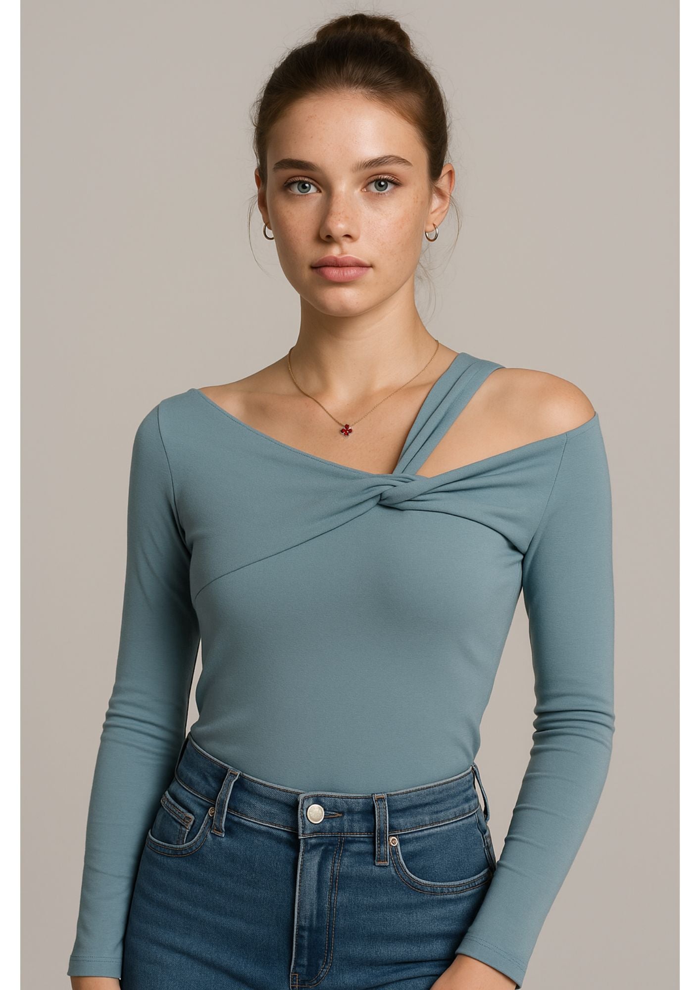J-Drama Inspired One-Shoulder Knot Top – Asymmetrical Long Sleeve Blouse with Twisted Neckline Detail - BASIC