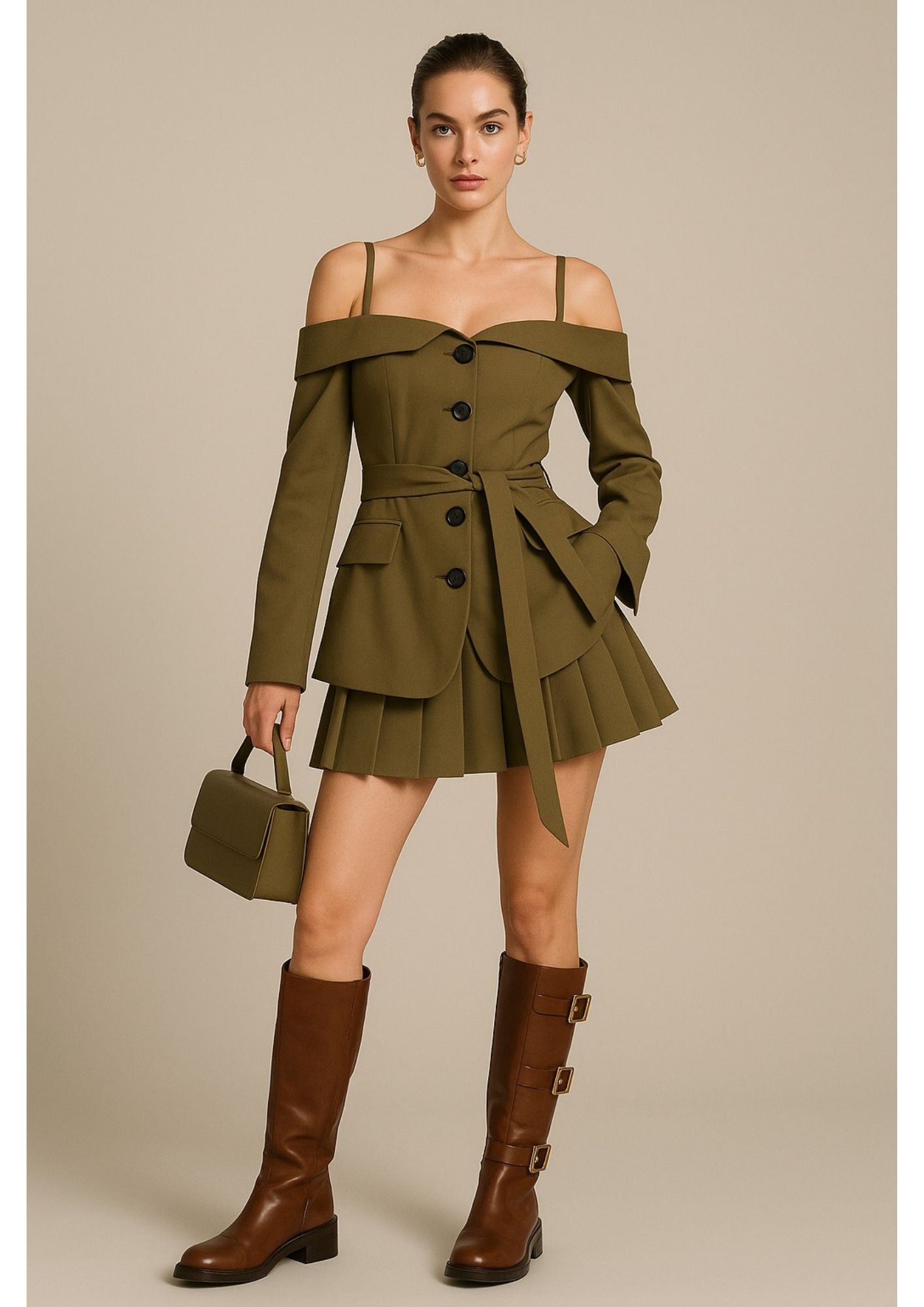K-Drama CEO-Inspired Power Shirt -  Khaki Pleated Short Skirt – BASIC