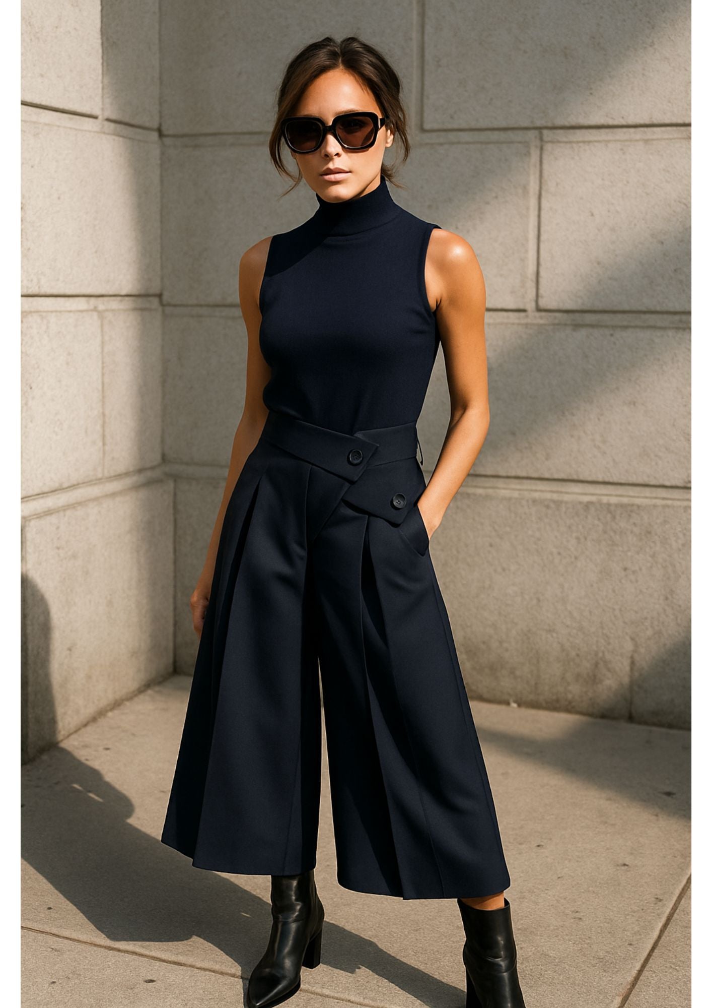 Japanese Inspired Modern Executive Style Pleated Calf-Length Pants - BASIC