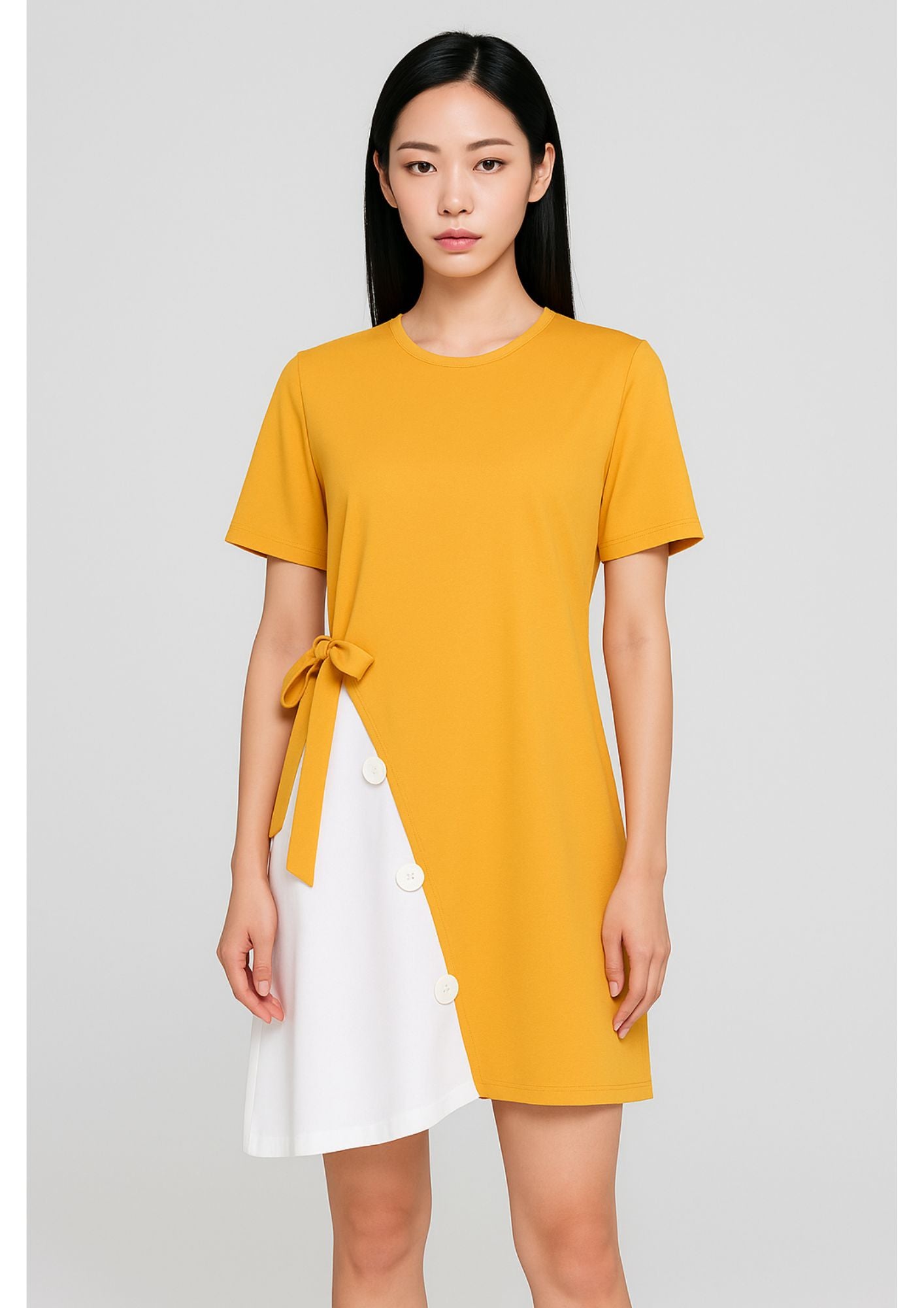 J-Drama Inspired Playful Maternity Dress – Colorblock Yellow & White Tunic with Side Bow and Button Detailing - BASIC