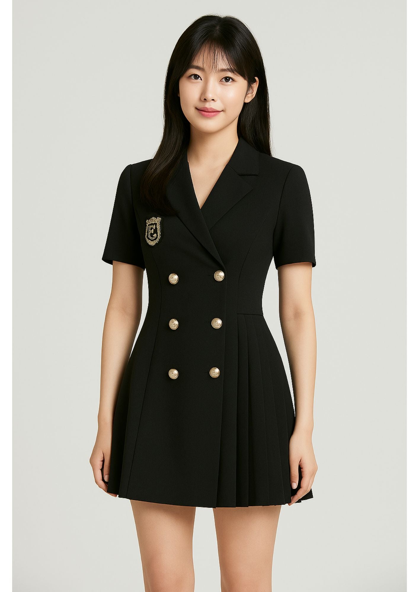 K-Drama CEO Chic Edition - Structured Pleated Blazer Dress with Gold Buttons – BASIC