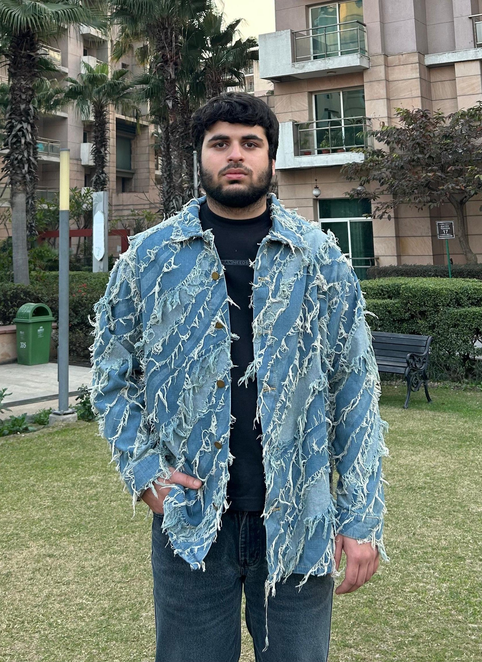 J-Drama Inspired Streetwear Statement : Textured Paneled Denim Jacket with Raw Frayed Detailing – BASIC