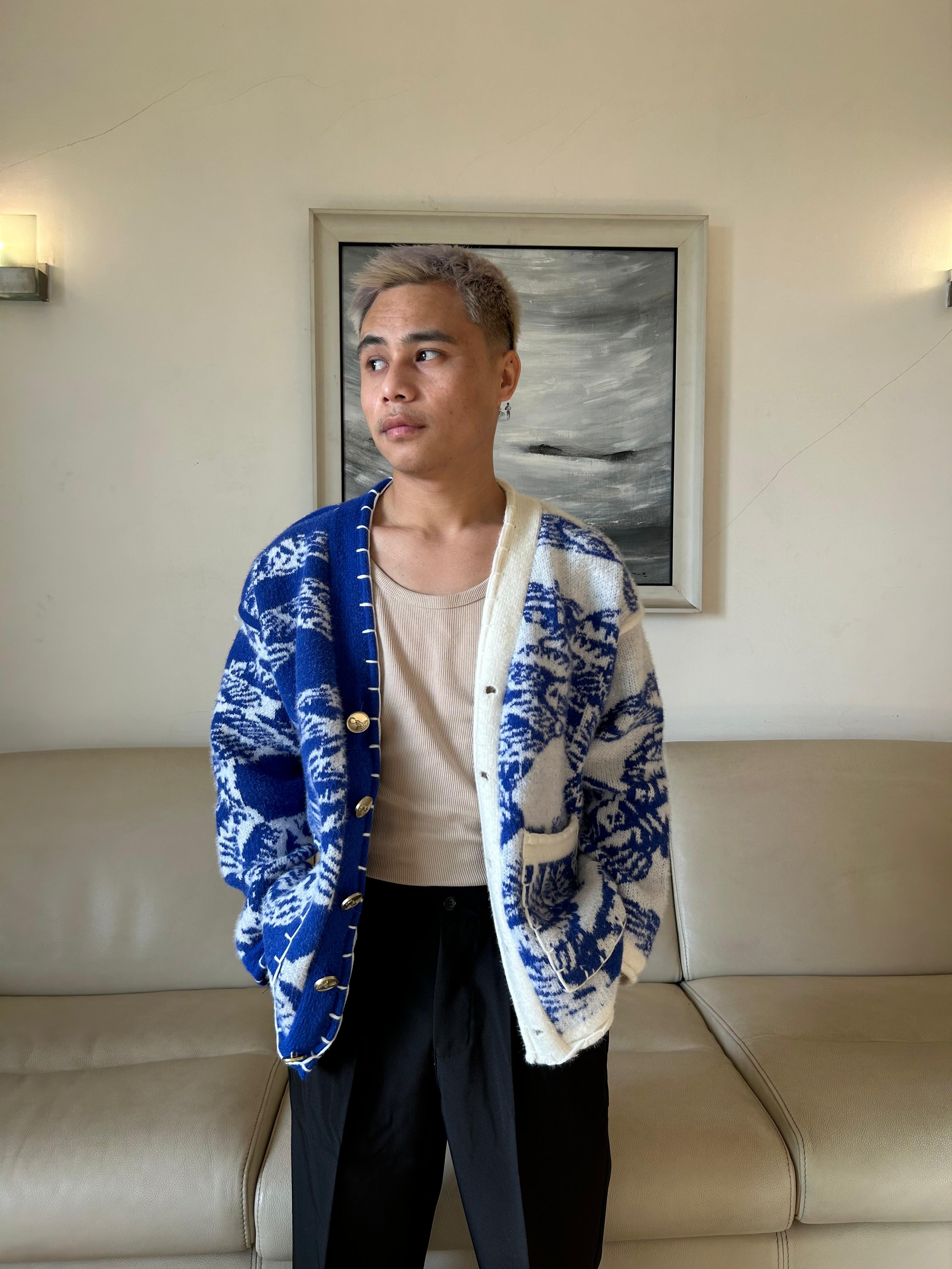 C-Drama Inspired Artistic Outerwear - Rope-Printed Knit Cardigan with Button Detailing and Blanket Stitch Accents – BASIC