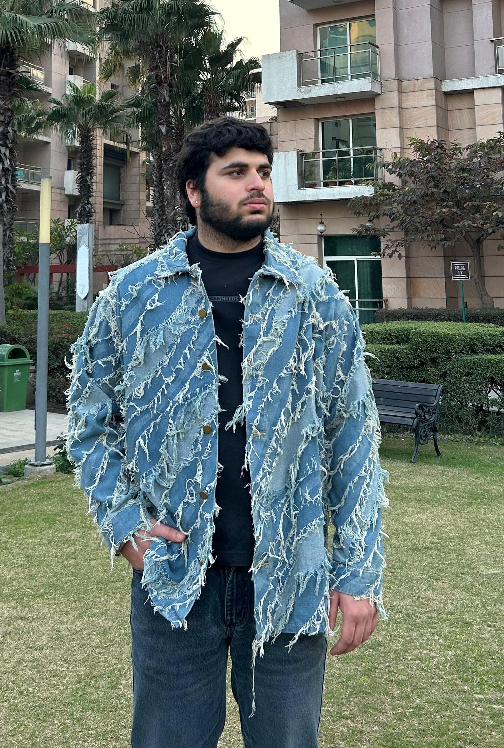 J-Drama Inspired Streetwear Statement : Textured Paneled Denim Jacket with Raw Frayed Detailing – BASIC