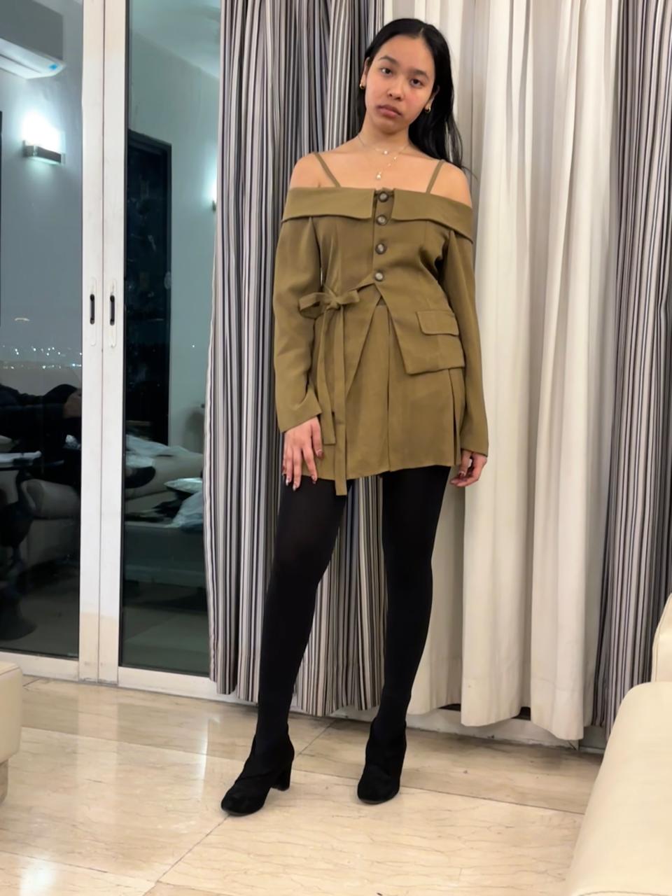 K-Drama CEO-Inspired Power Ensemble -  Khaki Off-Shoulder Blazer Top with Pleated Skirt – BASIC