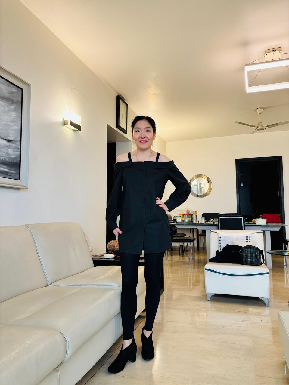 K-Drama CEO Off-Duty Glam - Chic Off-Shoulder Black Shirt Dress - BASIC