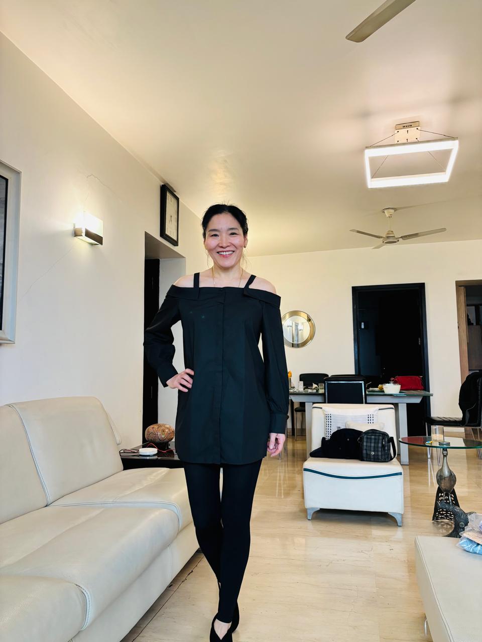 K-Drama CEO Off-Duty Glam - Chic Off-Shoulder Black Shirt Dress - BASIC